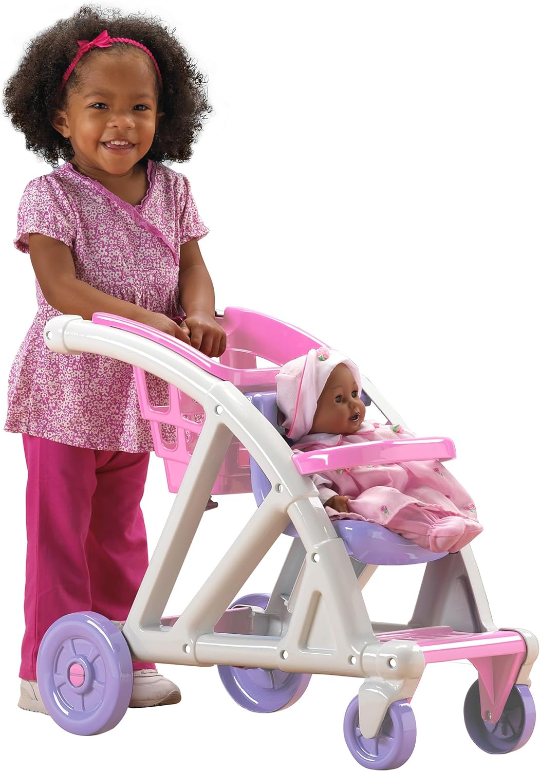 American Plastic Toys Shop with Me – Cochecito para muñeca de bebé, cochecito 2 en 1 y carrito de compras, fomenta el juego de roles, desarrolla