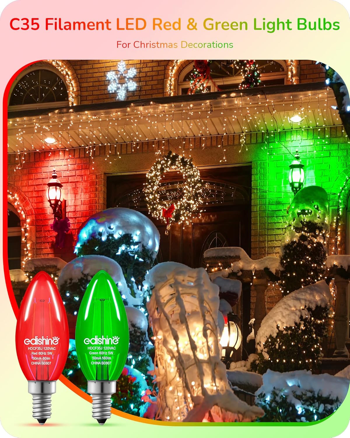 EDISHINE Bombilla de luz roja y verde regulable, equivalente a 5 W a 60 W, bombilla de filamento LED C35, enchufe E12, bombilla Edison de vidrio