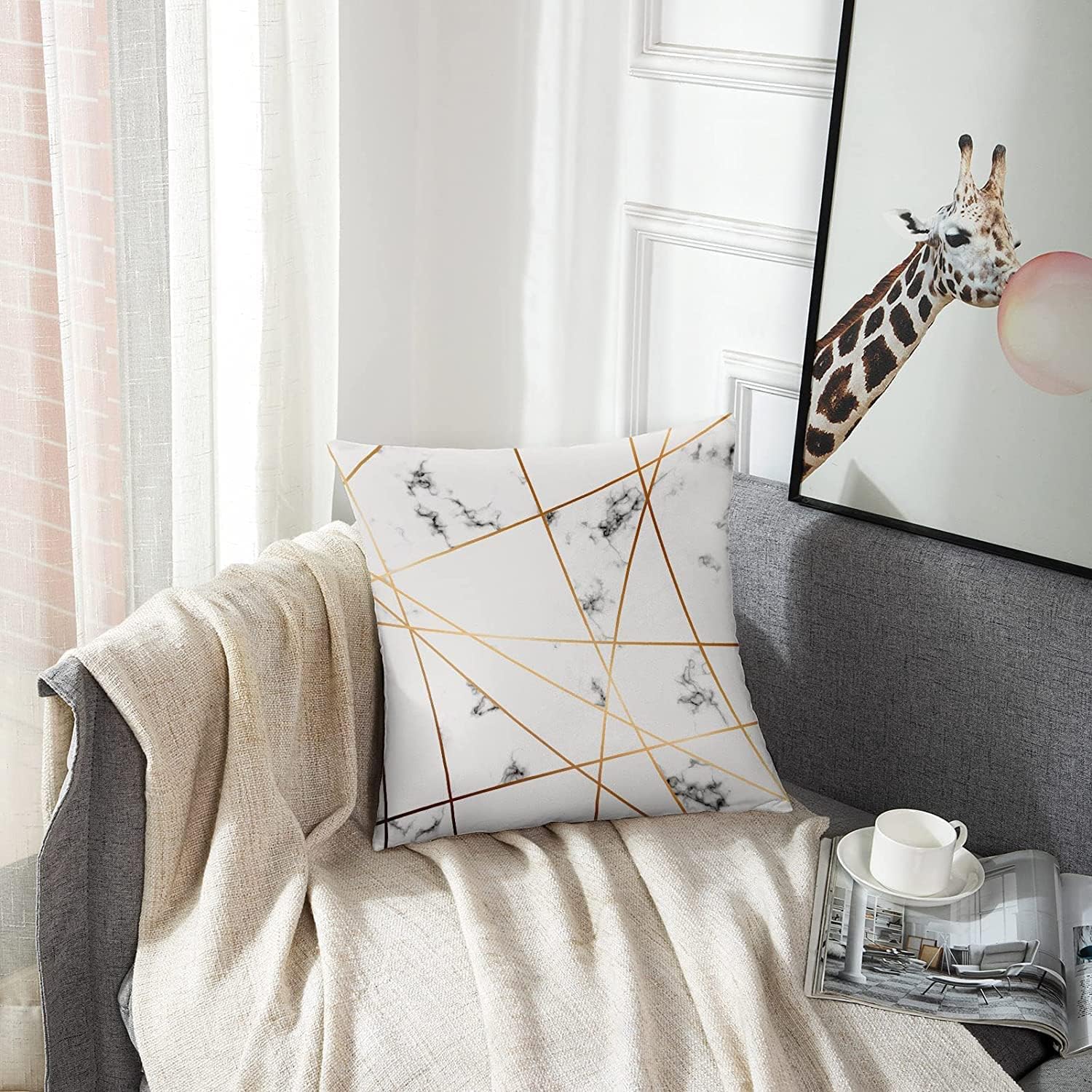 Funda de almohada con diseño de mármol de piedra gris con líneas geométricas doradas, mármol blanco y negro, moderna, lujosa, bloque rosa, funda de
