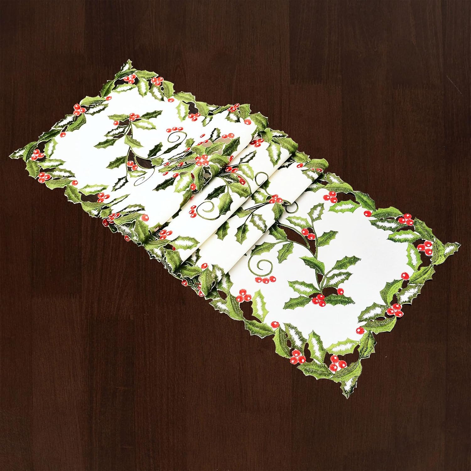 Camino de mesa bordado de hojas de acebo y bayas para vacaciones de Navidad (14 x 70 pulgadas)