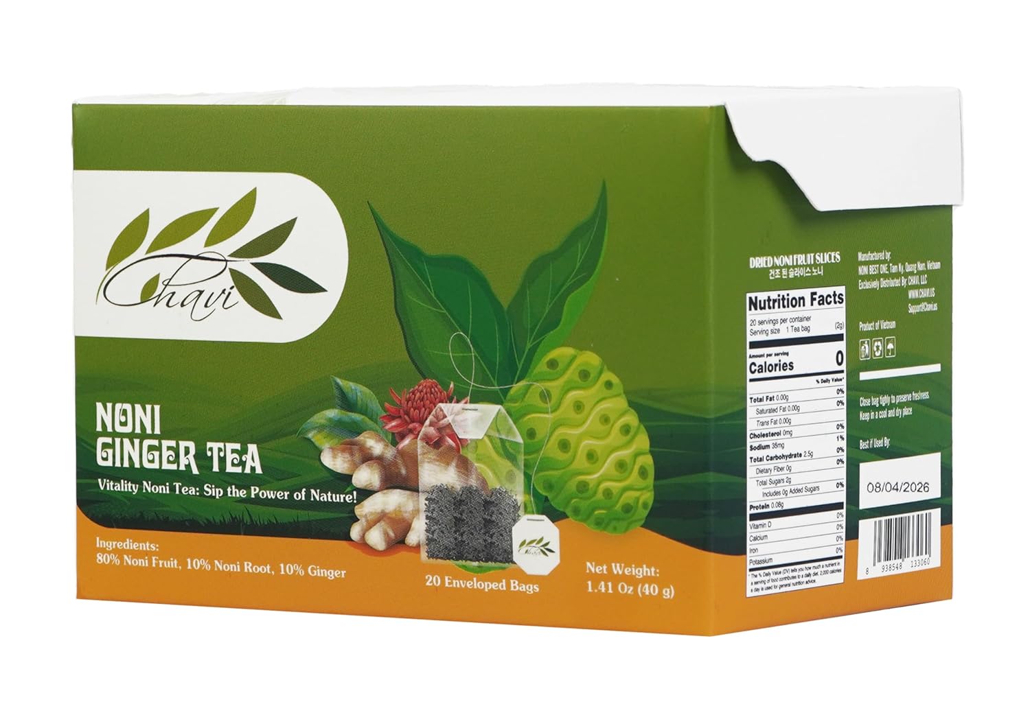 CHAVI Non Tiea (Noni Ginger, paquete de 1)  20 bolsas de té por caja  Bebida Noni Dieters  Extra fuerte  Calidad premium