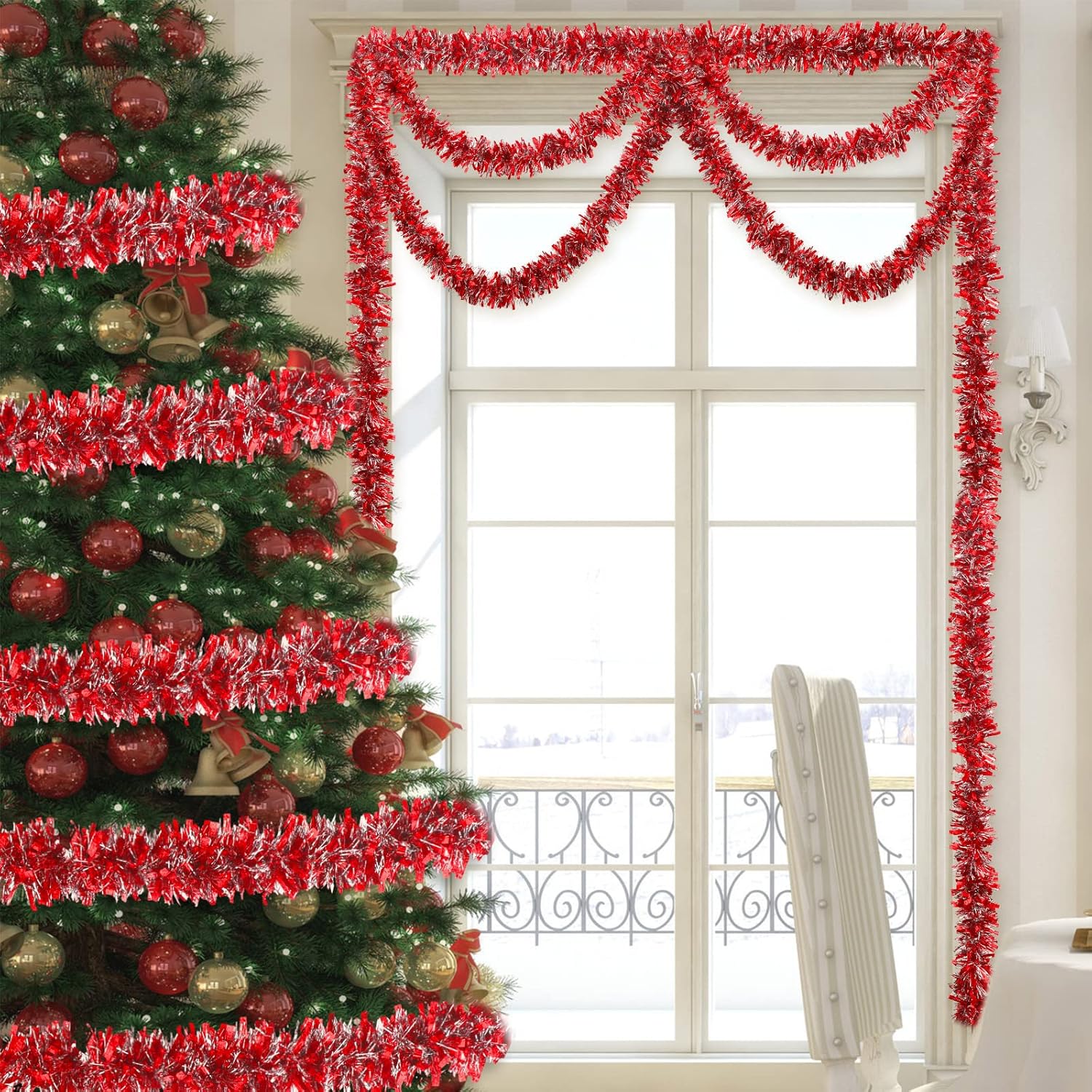 Guirnalda de oropel de Navidad de 26.2 pies, guirnalda metálica de oropel torcido, guirnalda de Halloween artificial para árbol de Navidad,