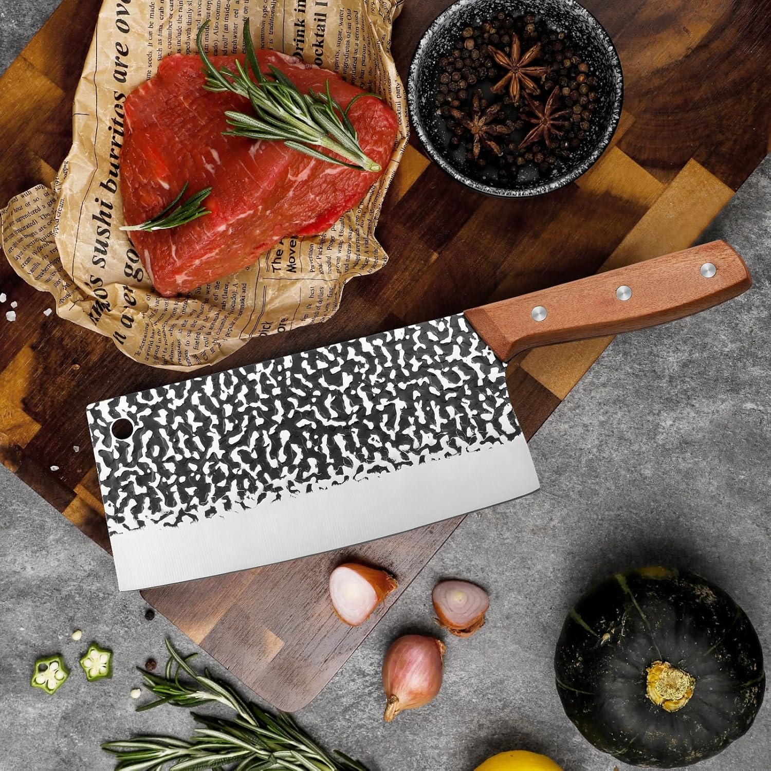 Cuchillo de carnicero profesional serbio de 7 pulgadas, ultra afilado, peso ligero, forjado a mano, cuchillo chino de carne de espiga completa