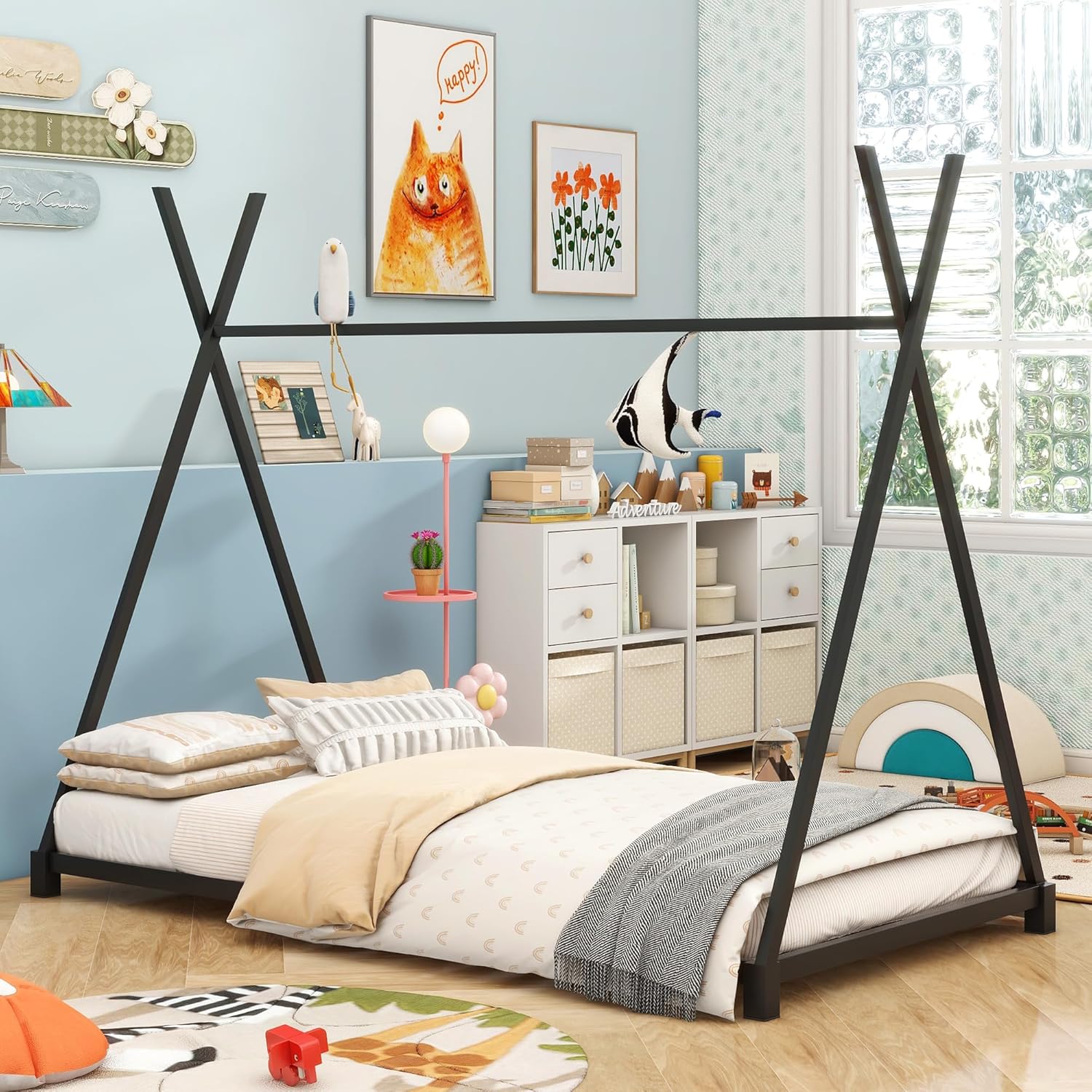 Camas de casa de tamaño individual, marco de cama de metal para suelo, estructura triangular, cama tipi para niños y niñas, adolescentes, color negro