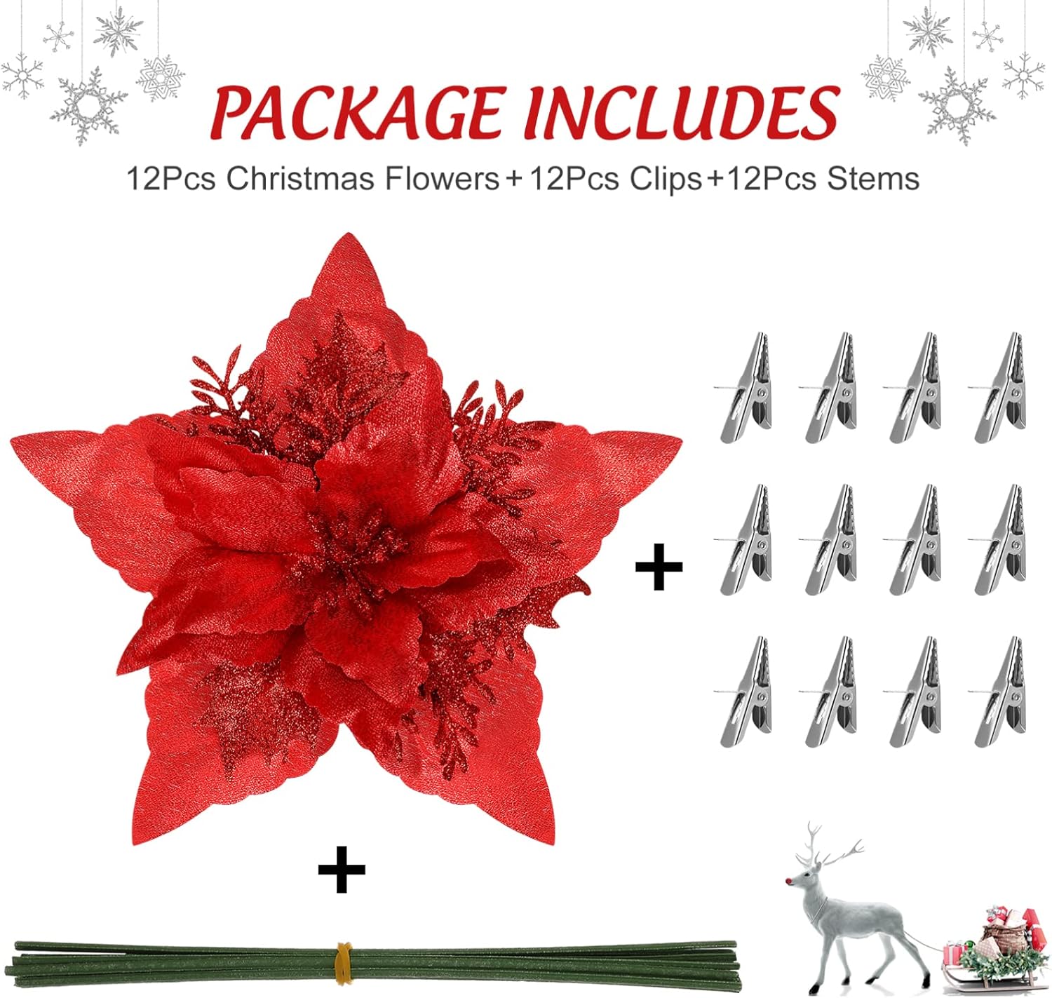 Gadpiparty 12 flores de pascua artificiales con purpurina para Navidad, flores artificiales con purpurina para decoración de árbol con clips y tallo