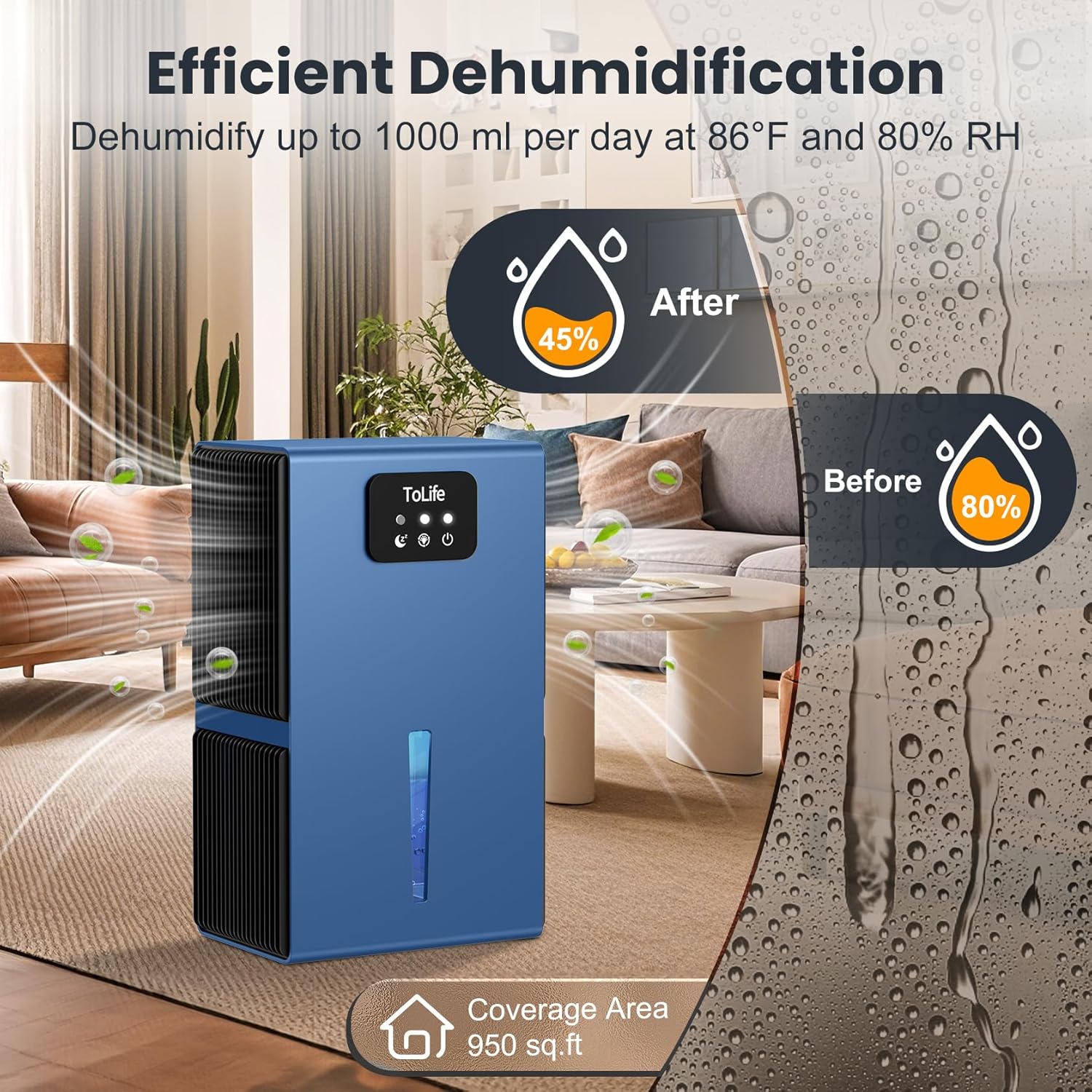 Deshumidificador ToLife – Deshumidificadores para habitación, tanque de agua de 95 onzas, (950 pies cuadrados), deshumidificadores para sótano,