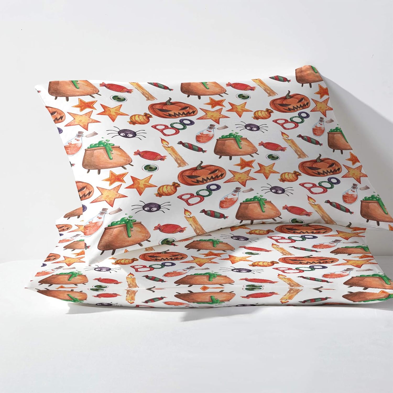Juego de sábanas de Halloween tamaño Queen, sábanas de calabaza, sábanas y fundas de almohada estampadas de 4 piezas, sábana bajera ajustable de