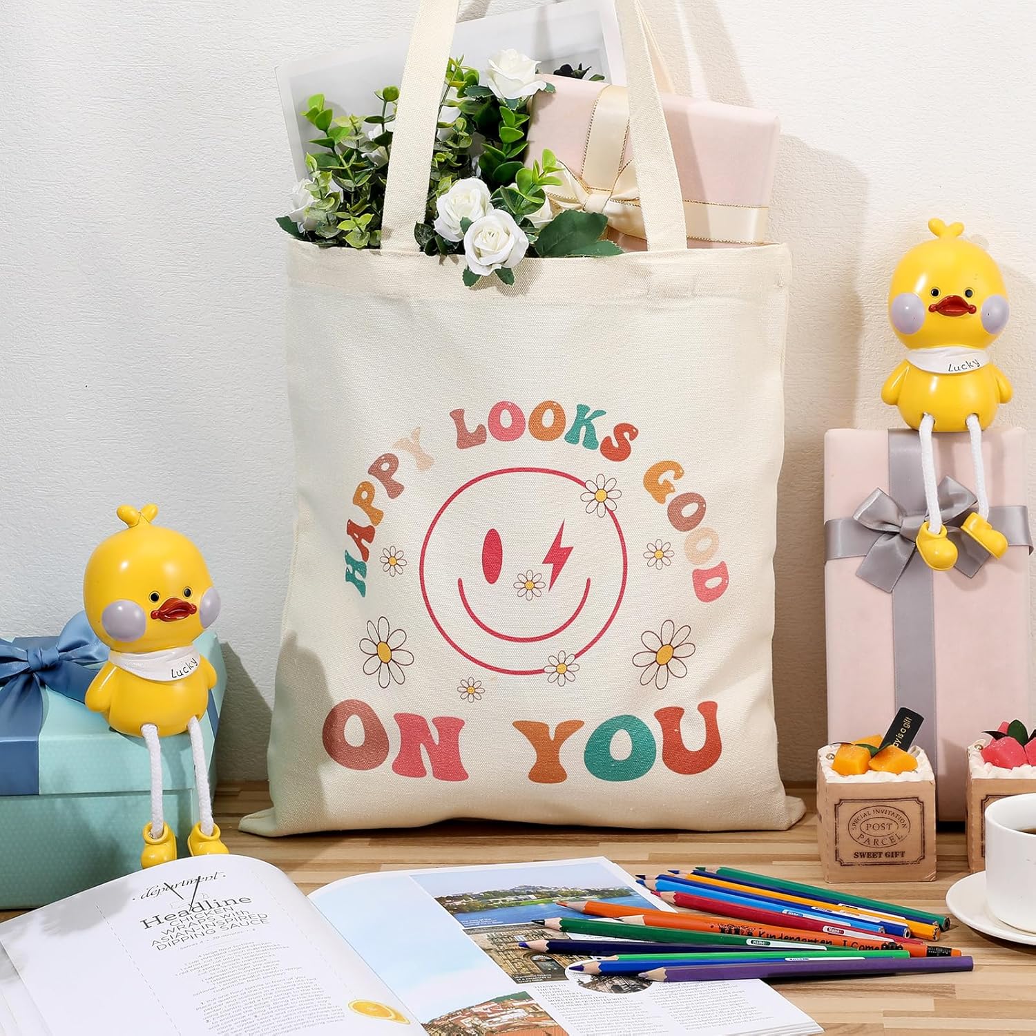 6 bolsas de lona estéticas para mujeres y niñas, bolsas de playa, reutilizables, bolsas de hombro para comestibles, regalos inspiradores, Blanco