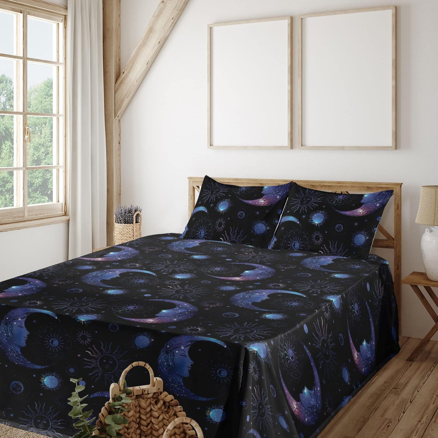 Ambesonne Moon Sheet Set, Galaxy Theme Sun and Crescent Sketch Pattern Modern Colors Boho Art, Fitted and Flat Sheet with Pillowcases Bedding Accent