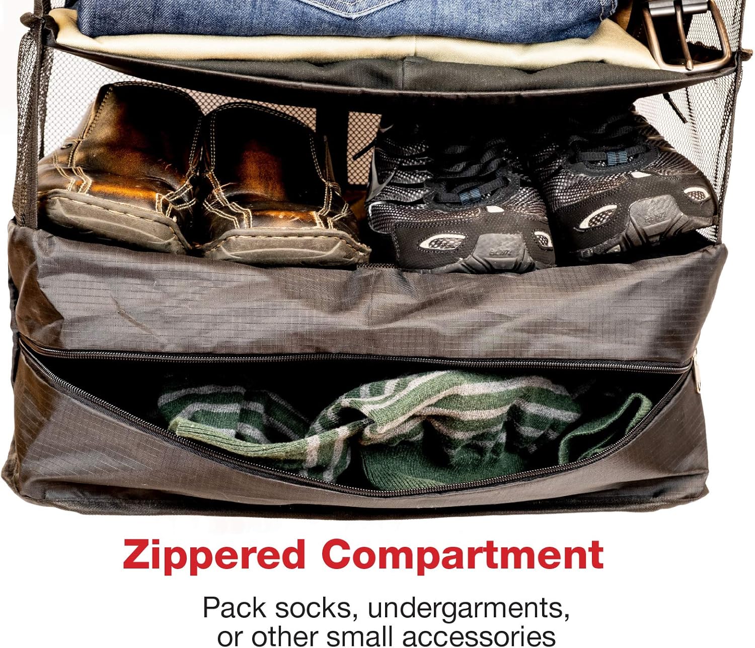 Organizador de almacenamiento colgante portátil plegable con compartimento con cremallera, perfecto para viajes y embalaje, Negro –