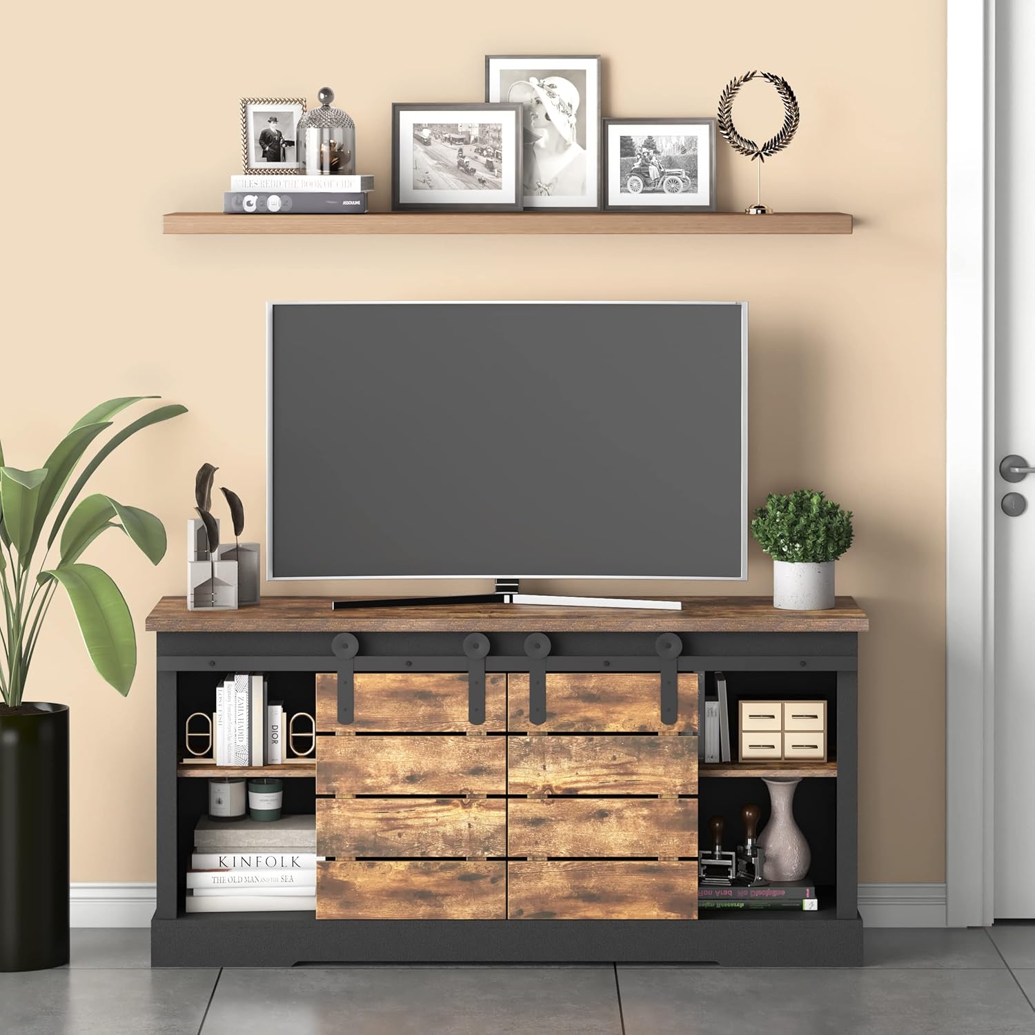 NSdirect Aparador de cafetera, soporte de TV moderno, estación de buffet de granja, puerta corrediza de granero, consola de credenza con listón y