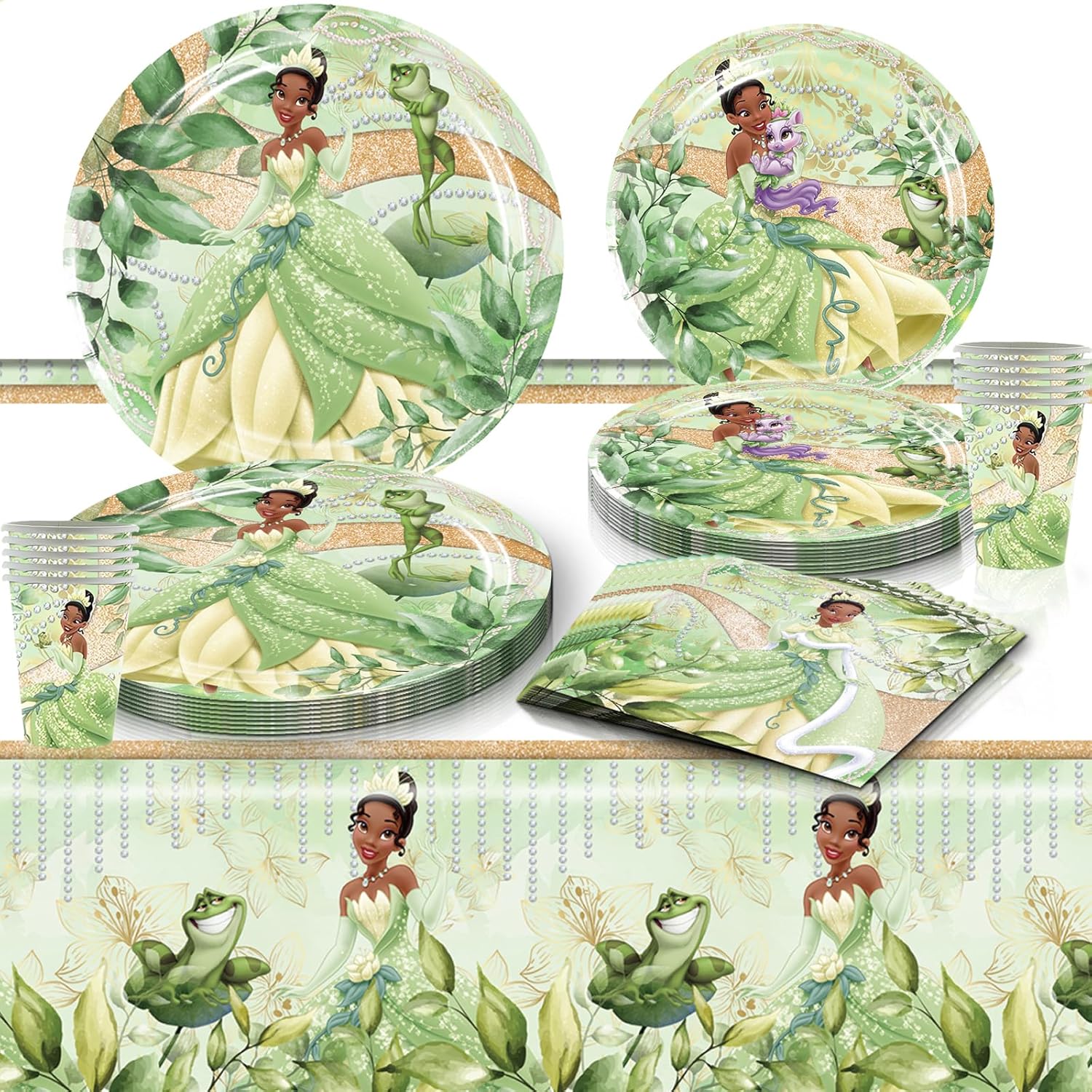 81 piezas de suministros para fiesta de cumpleaños Tiana, el juego de vajilla de princesa Tiana incluye 40 platos, 20 servilletas, 20 vasos de