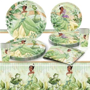 81 piezas de suministros para fiesta de cumpleaños Tiana, el juego de vajilla de princesa Tiana incluye 40 platos, 20 servilletas, 20 vasos de 81 piezas de suministros para fiesta de cumpleaños Tiana, el juego de vajilla de princesa Tiana incluye 40 platos, 20 servilletas, 20 vasos de