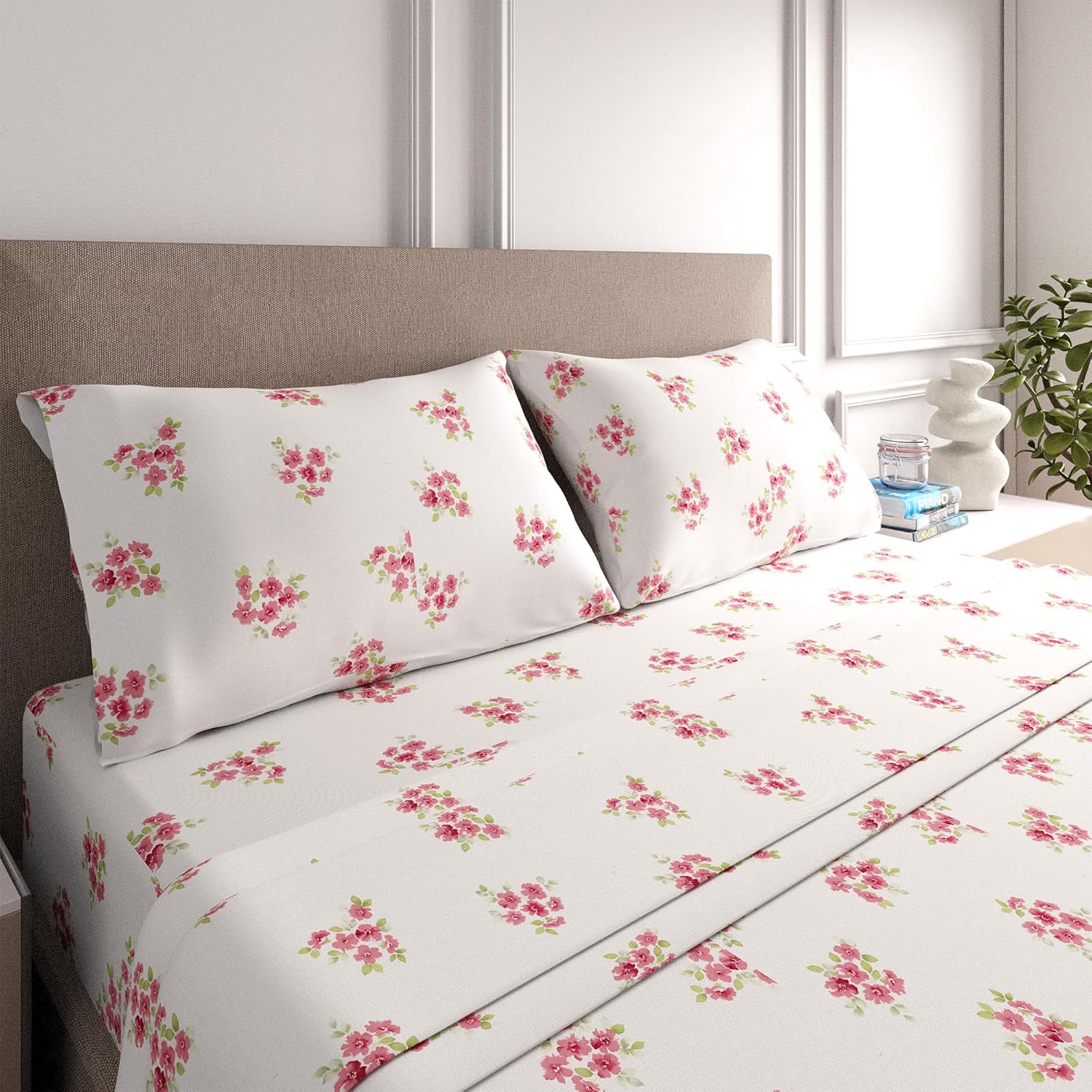 Color Sense Sábanas ricas de algodón percal para hotel, sábanas de tamaño Queen con estampado floral rosa, resistentes a las arrugas, cepilladas