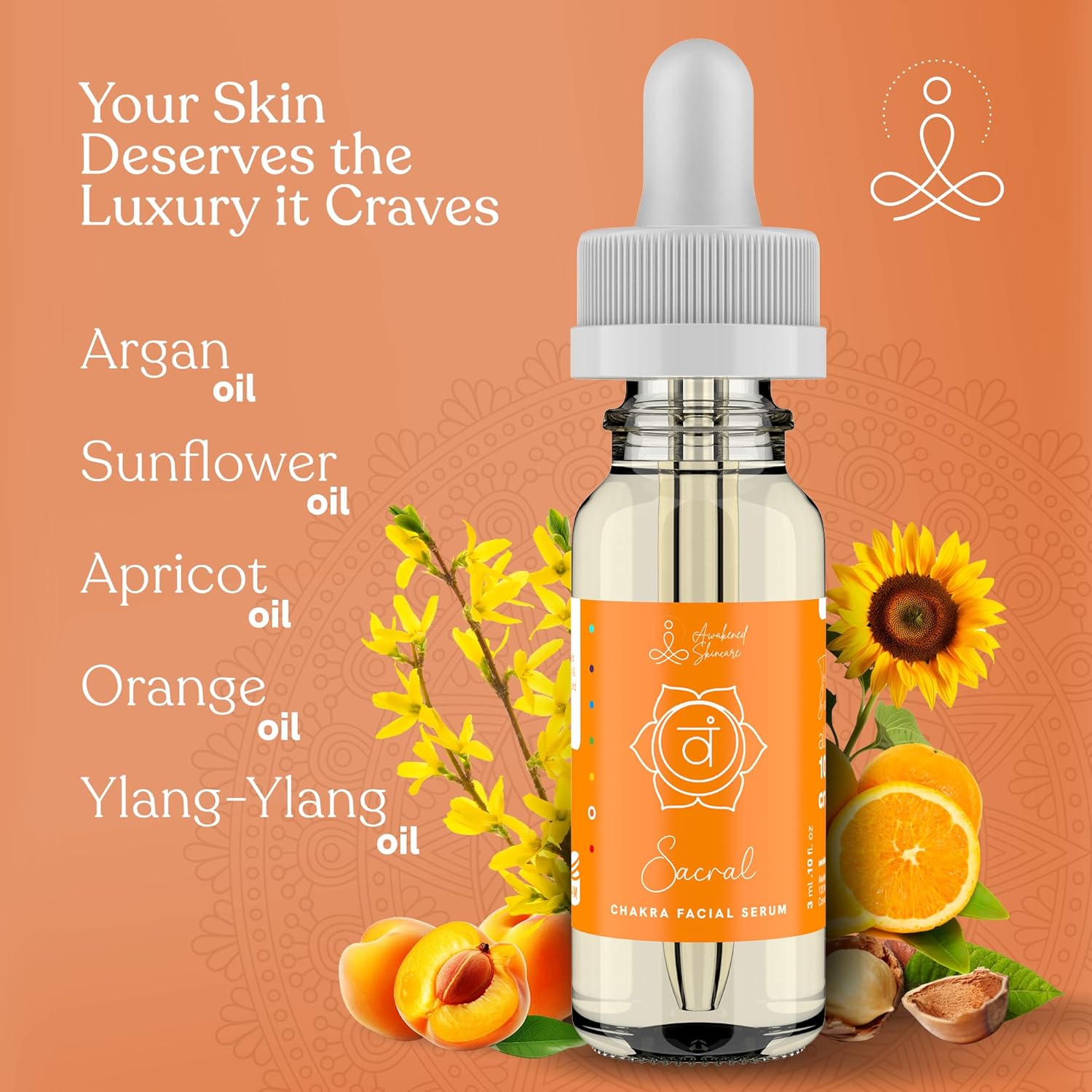 Sacral Chakra – Suero facial de mezcla de aceites esenciales, suero hidratante natural y orgánico para cara con girasol, argán, albaricoque, romero,