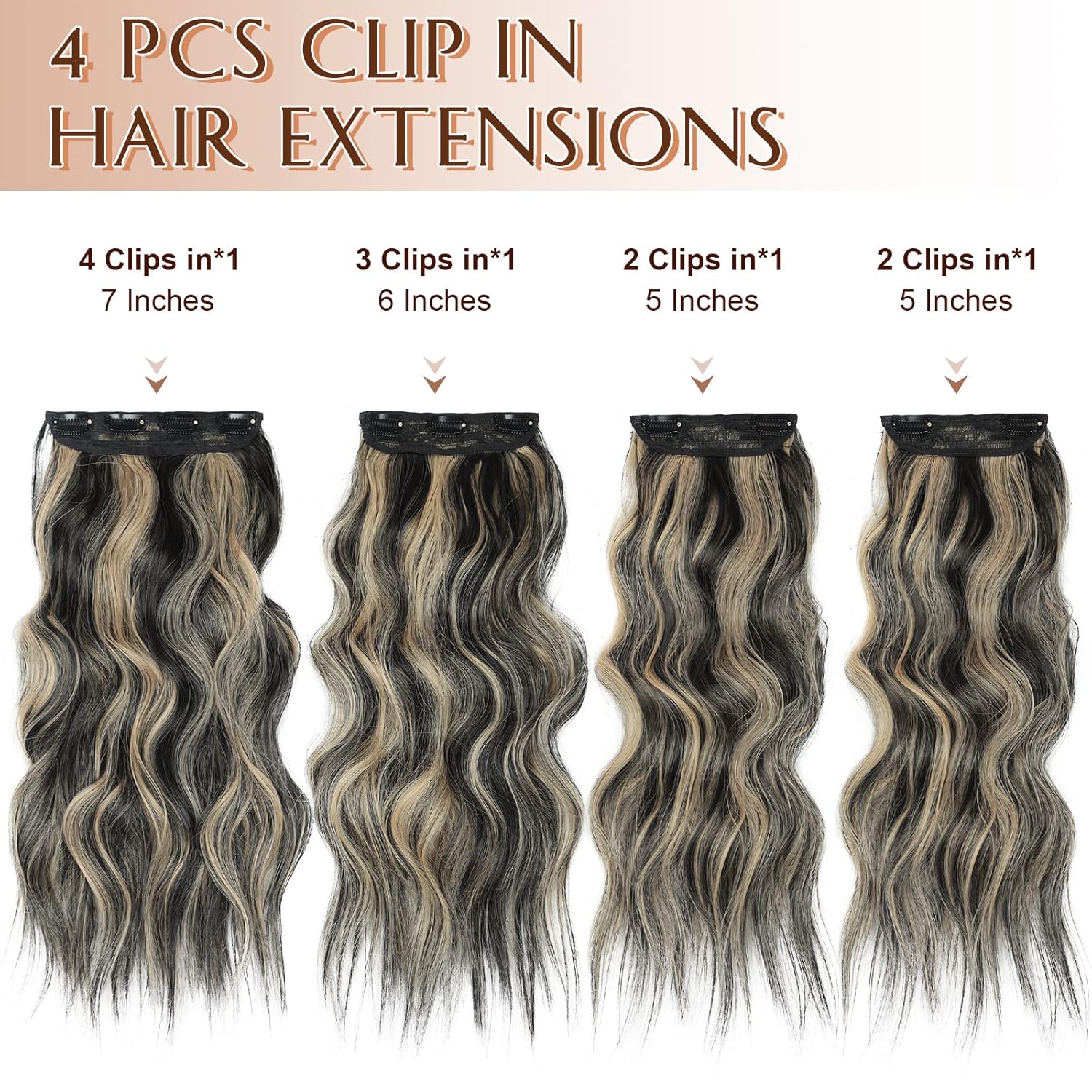 Vigorous Extensiones de cabello sintético con pinzas, 4 unidades, extensiones de cabello sintético largo ondulado con mezcla de rubio negro para