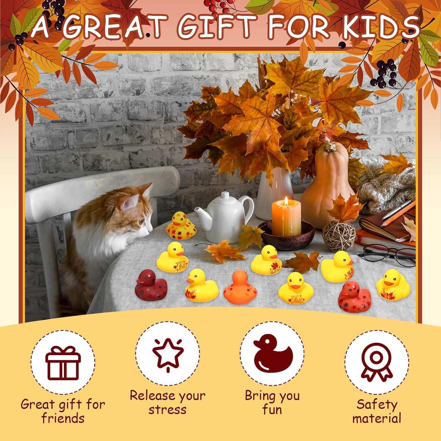 Patos de goma de Acción de Gracias de 1.38 pulgadas, patos de goma de otoño con patrones de hojas de calabaza, juguetes de bañera con temática de