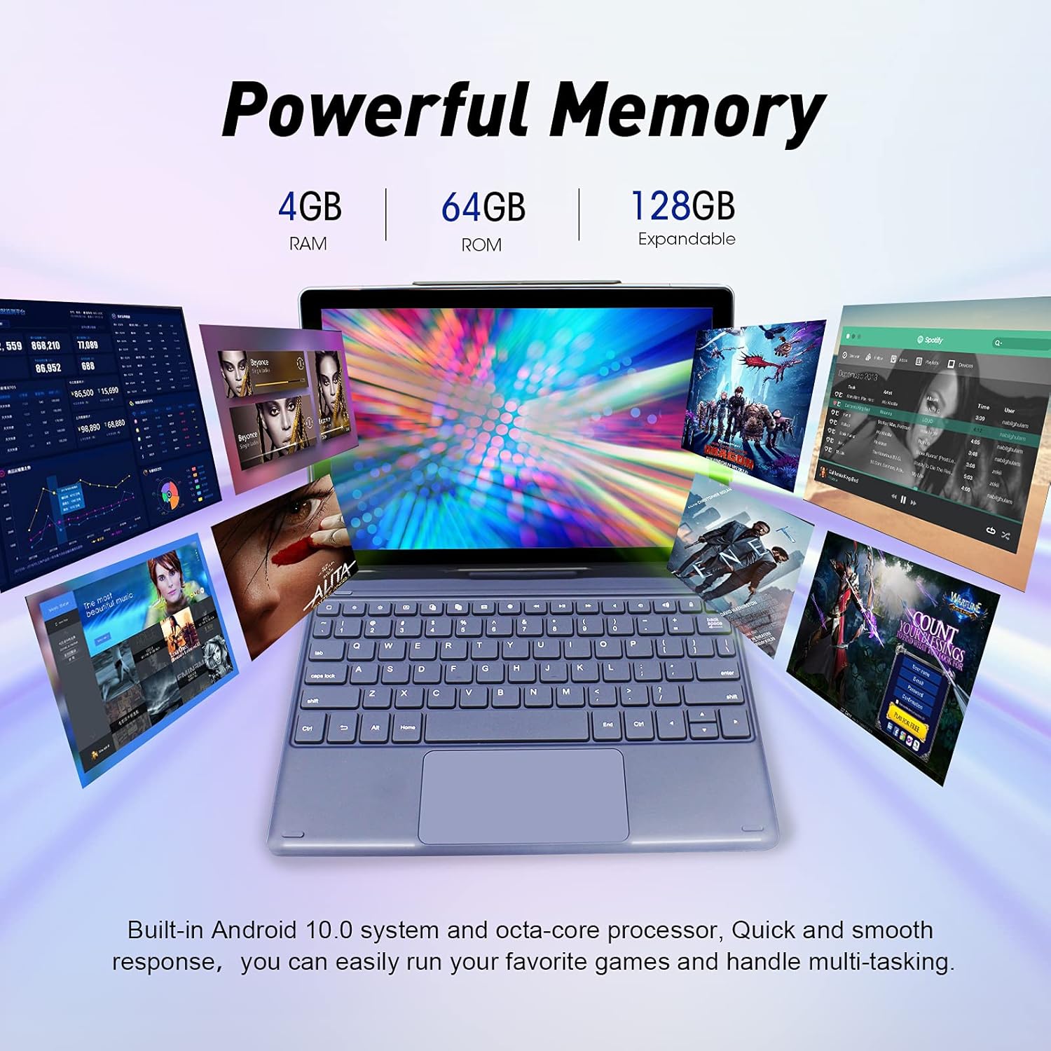 Tablet de 10 pulgadas con teclado, 4G LTE Android 10 Tablet procesador Octa-core, 1920×1200 Full HD, 4GB RAM 64GB ROM, tableta 2 en 1 con lápiz