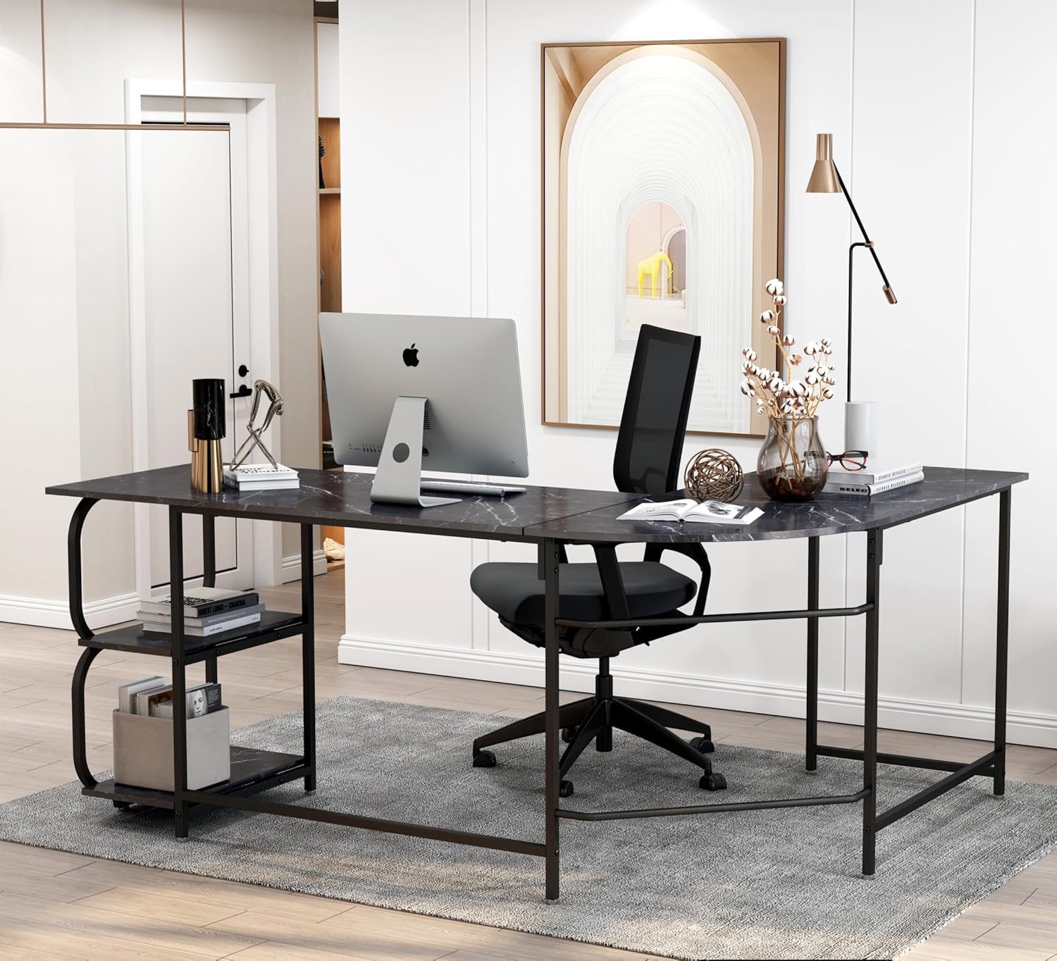 Anivia – Escritorio de computadora reversible en forma de L con estantes de 68.9 pulgadas, escritorio esquinero para juegos y escritura, color negro