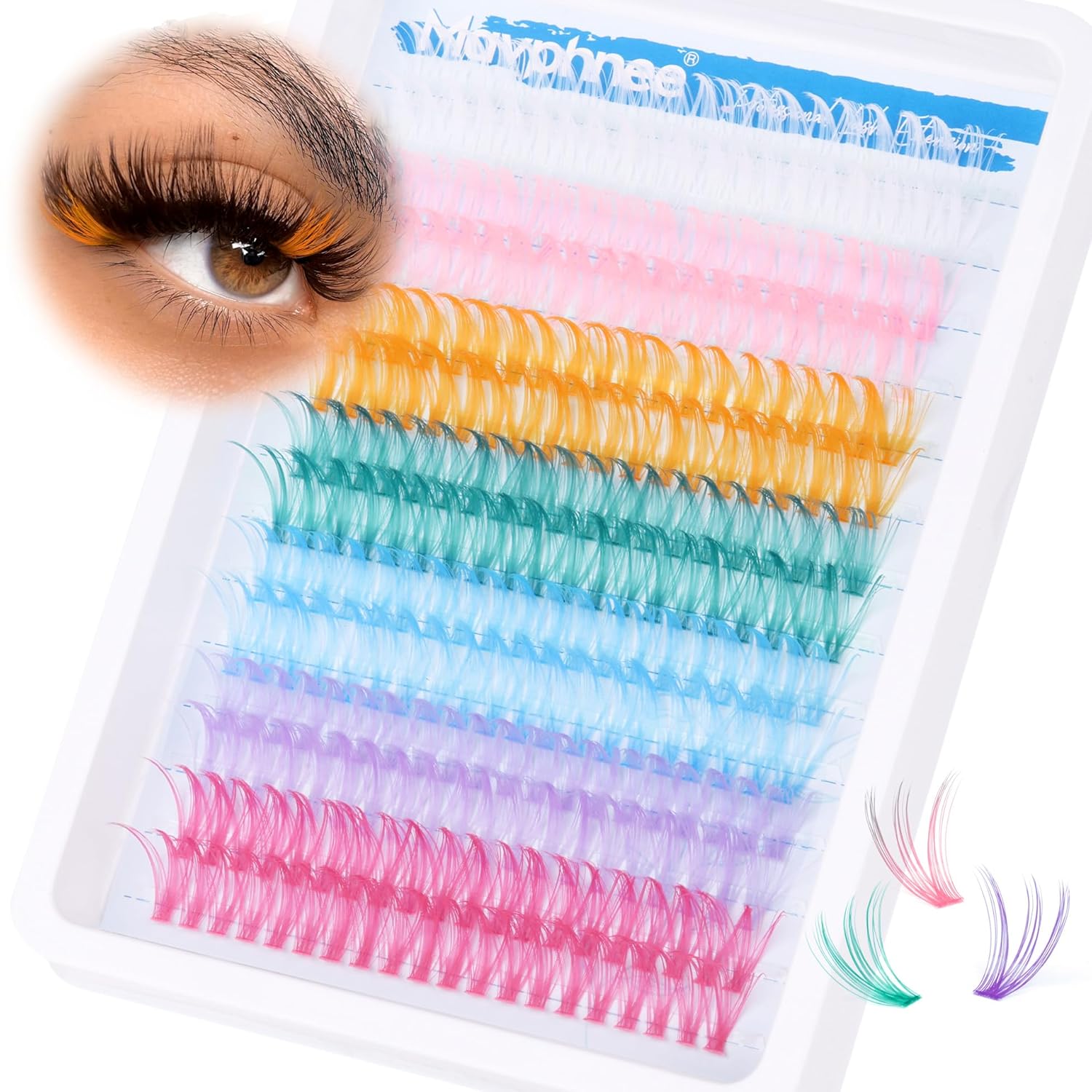Extensiones de pestañas de colores individuales, 280 unidades, racimos de pestañas de colores, 7 colores, esponjosas y finas, de 0.630 pulgadas,