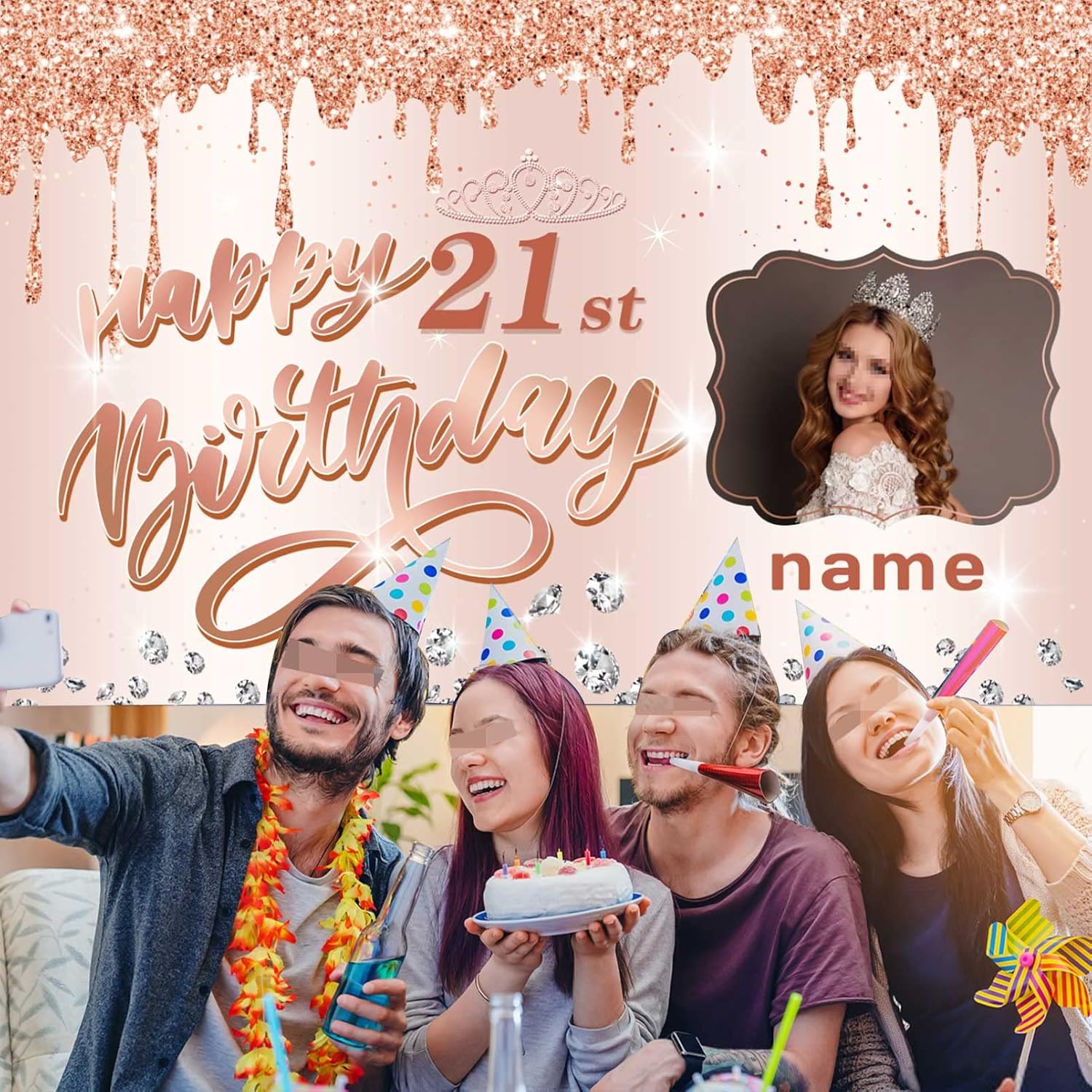 Cartel personalizado de decoración de cumpleaños número 21 con tema de oro rosa – Cartel de tela personalizado para suministros de fiesta de