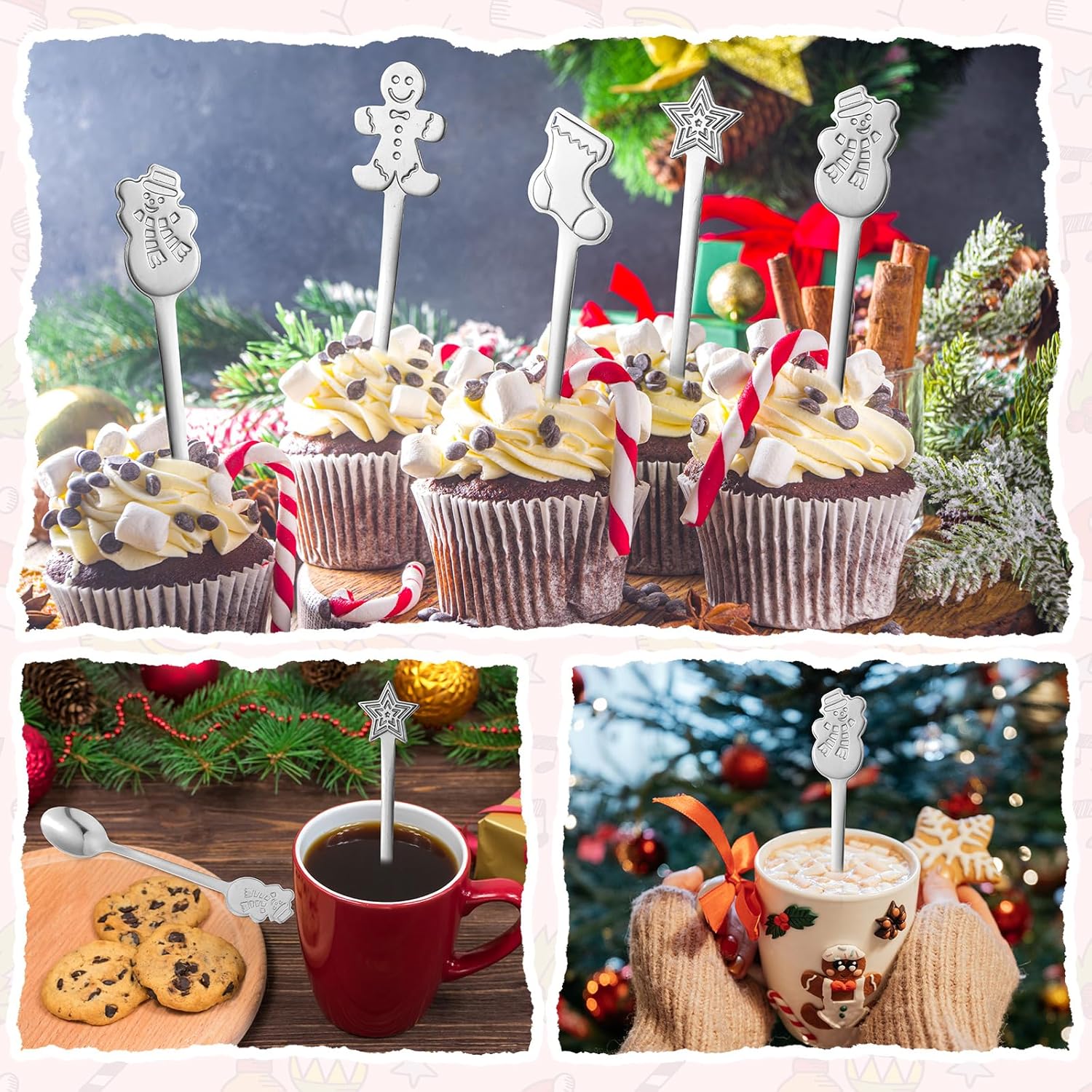 Gerrii 100 cucharas de Navidad de acero inoxidable, cuchara agitadora creativa para mezclar café, cucharas de té, mini cucharas de postre para