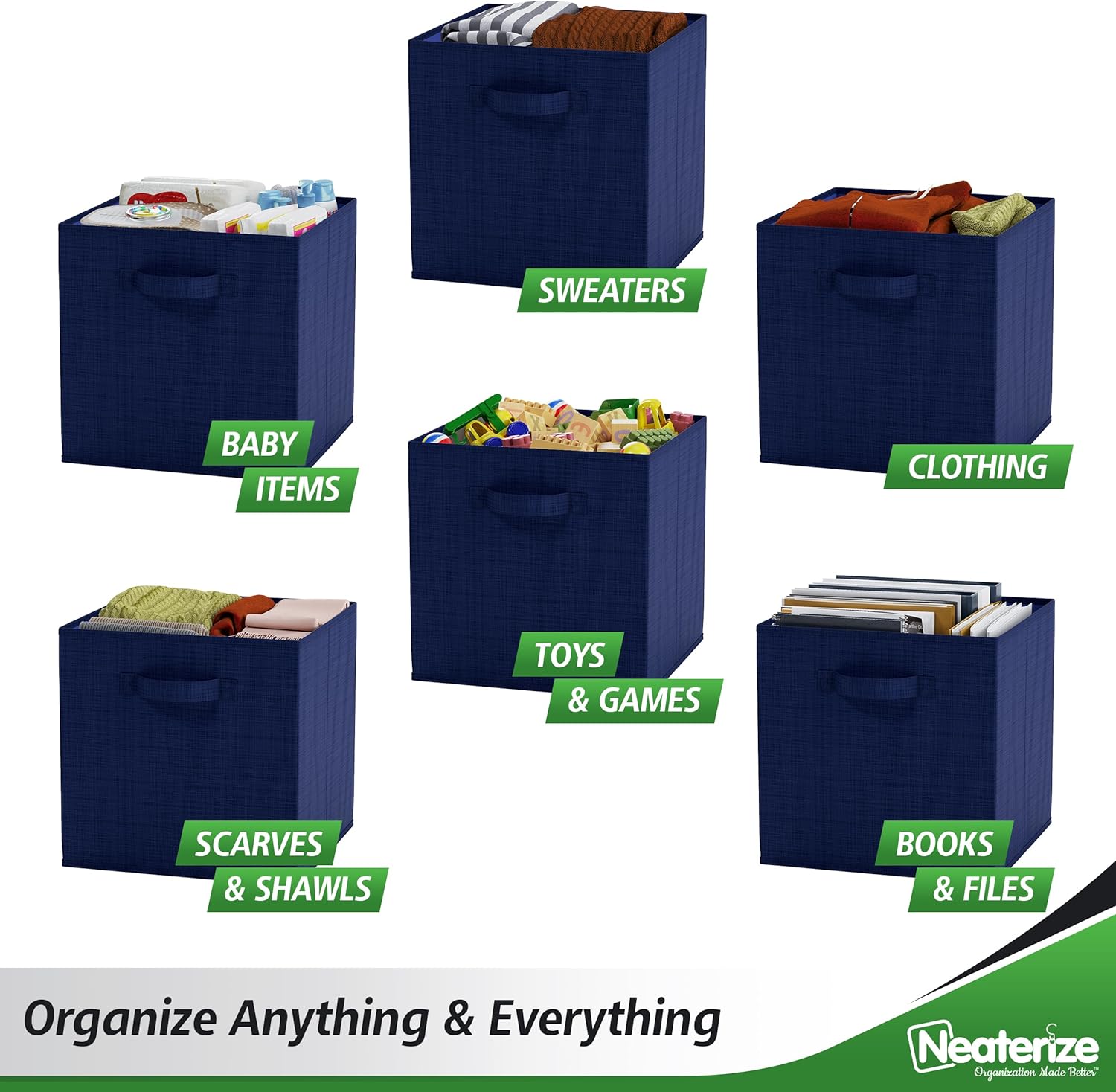 NEATERIZE – Cubos de almacenamiento grandes de 13 x 13 pulgadas, juego de 6 cubos de almacenamiento Cubos de almacenamiento con asas dobles,