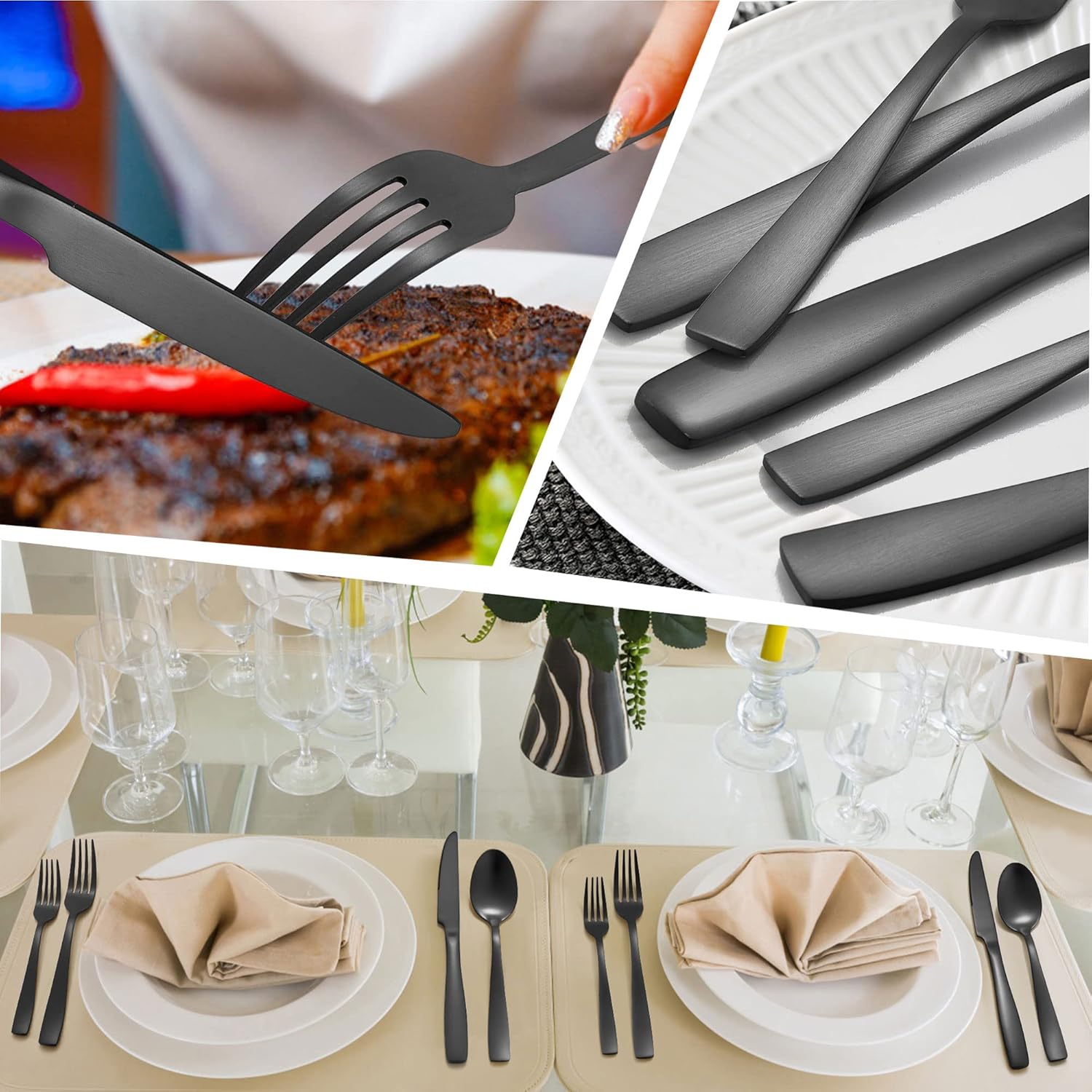 LIANYU Juego de cubiertos negros de 24 piezas con cuchillos para carne, cubiertos de acero inoxidable para 4, elegantes utensilios de cocina
