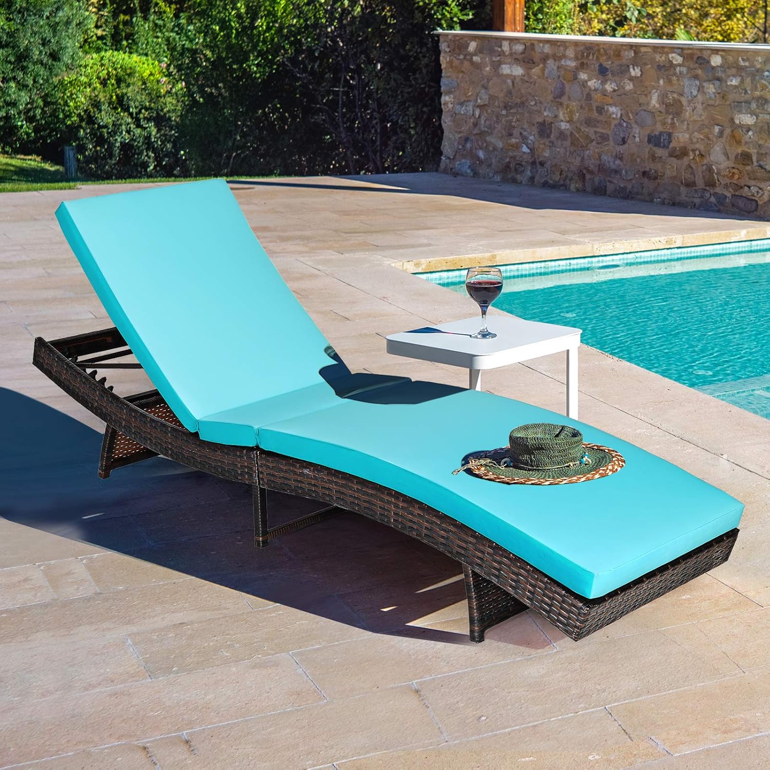 COSTWAY Silla plegable de ratán para patio, tumbona, ajustable, con cojín turquesa