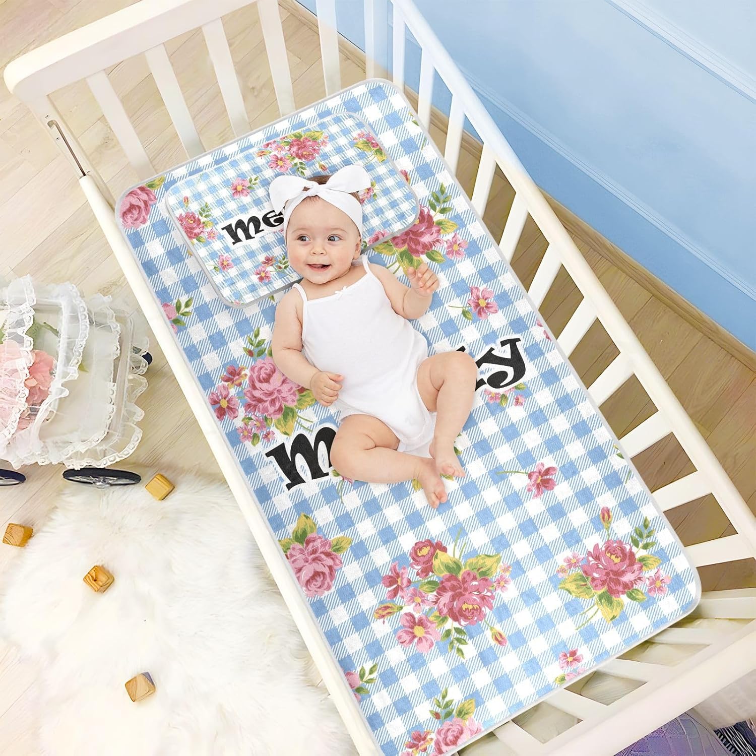 Protector de colchón personalizado de rosas y flores a cuadros para cuna, para niños y niñas, tapete de seda de hielo, colchón, colchón refrescante