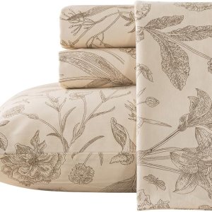 Zusbest Juego de sábanas de tamaño King de 100 % algodón percal, color beige floral, cepillado extra suave, sábanas de franela de lujo transpirable Zusbest Juego de sábanas de tamaño King de 100 % algodón percal, color beige floral, cepillado extra suave, sábanas de franela de lujo transpirable