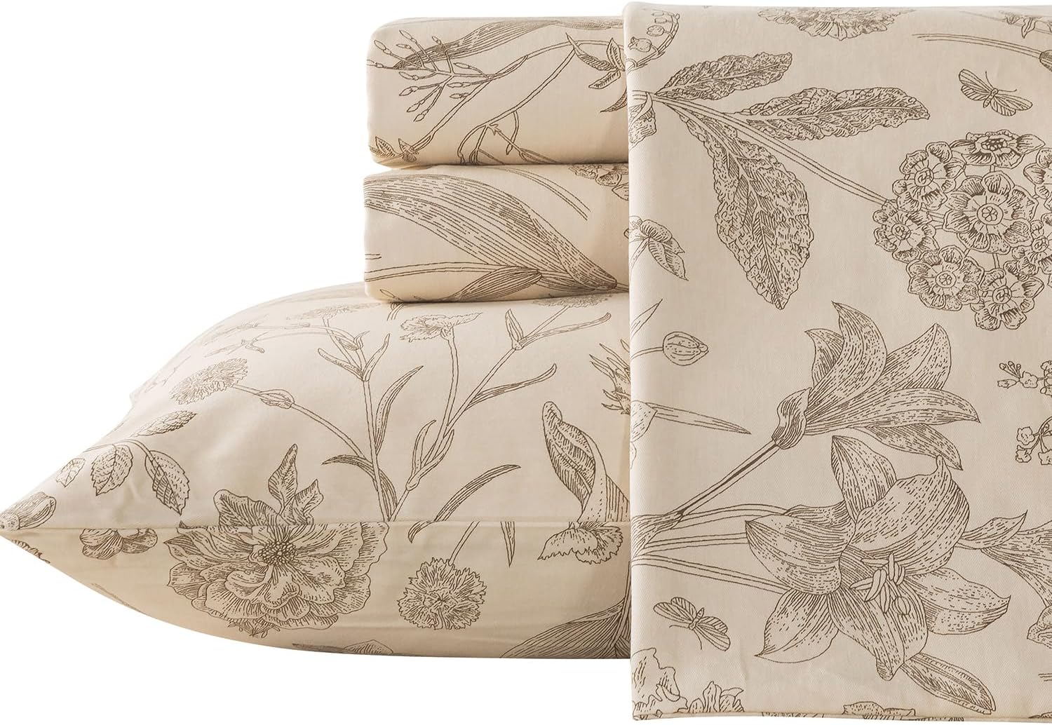 Zusbest Juego de sábanas de tamaño King de 100 % algodón percal, color beige floral, cepillado extra suave, sábanas de franela de lujo transpirable