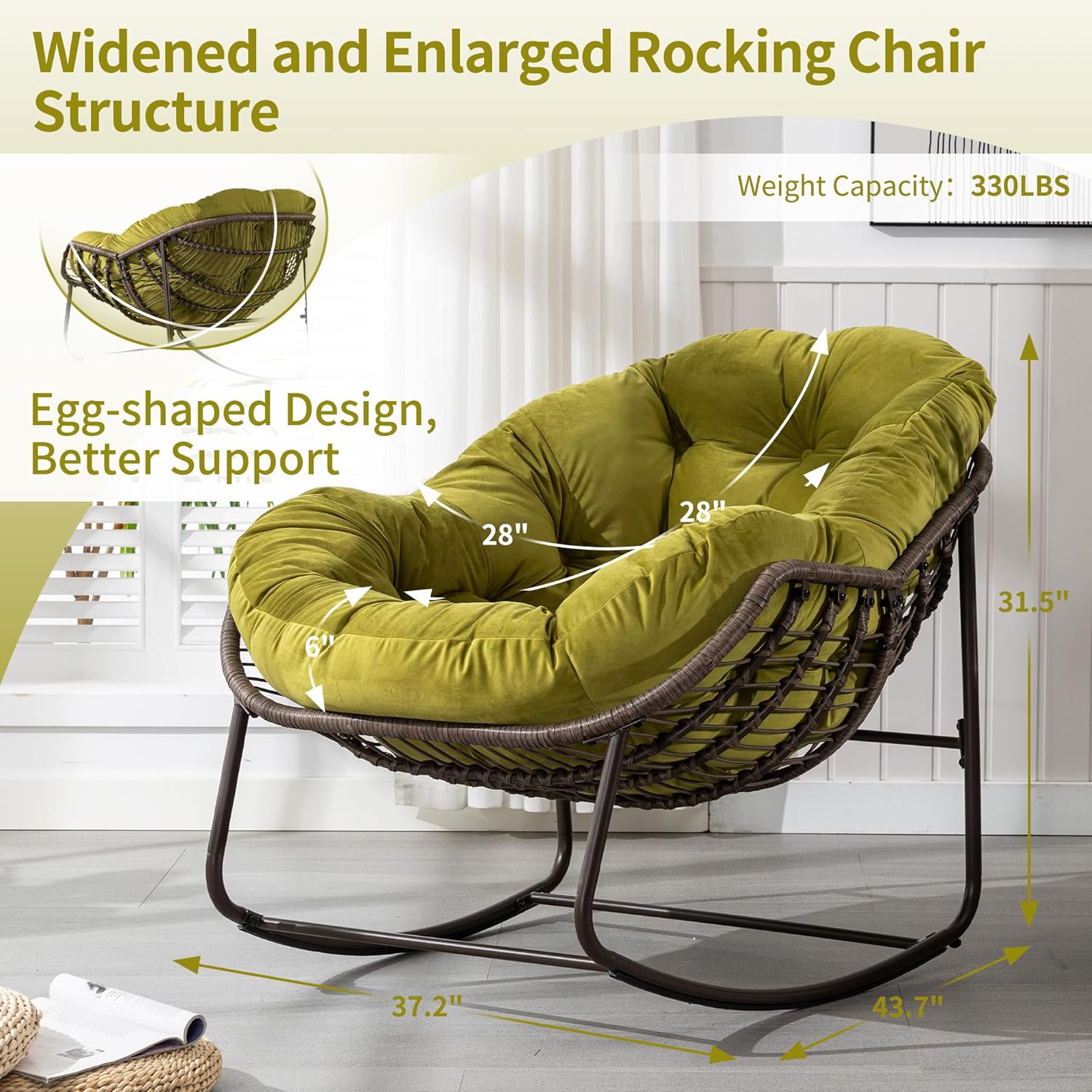 HOMEFUN Mecedoras para patio al aire libre, mecedora Papasan de gran tamaño para interiores con cojín acolchado, silla mecedora para porche