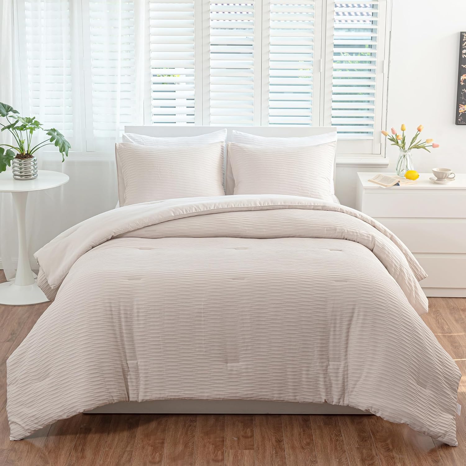 LAVACHEY Juego de edredón de tamaño matrimonial, edredón de sirsaca color crema, juego de cama esponjoso para todas las estaciones (edredón de 79 x