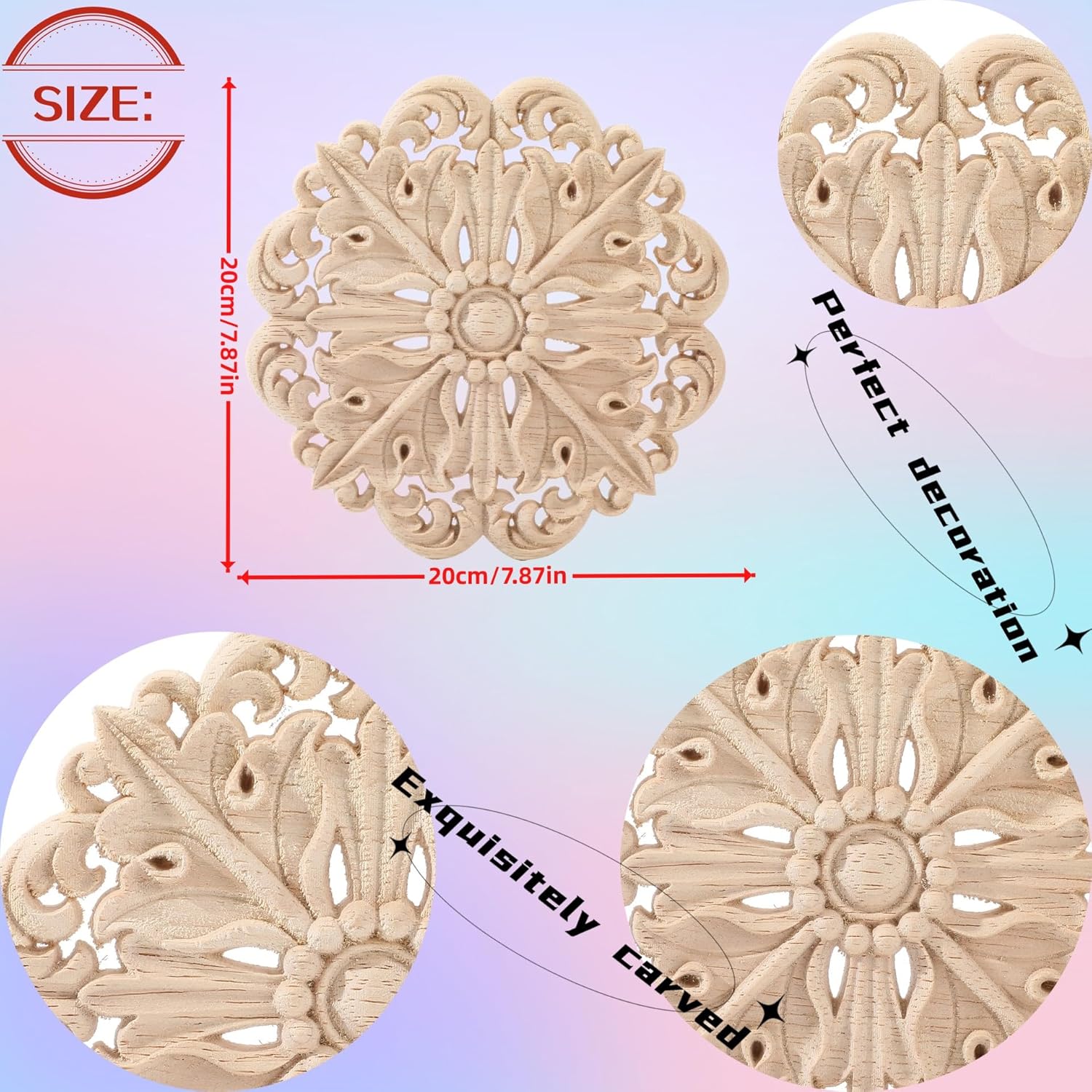 BSYMDH Apliques redondos de madera tallada Onlays tallados apliques de tallado de madera calcomanía de madera a mano para puerta de cama, armario,
