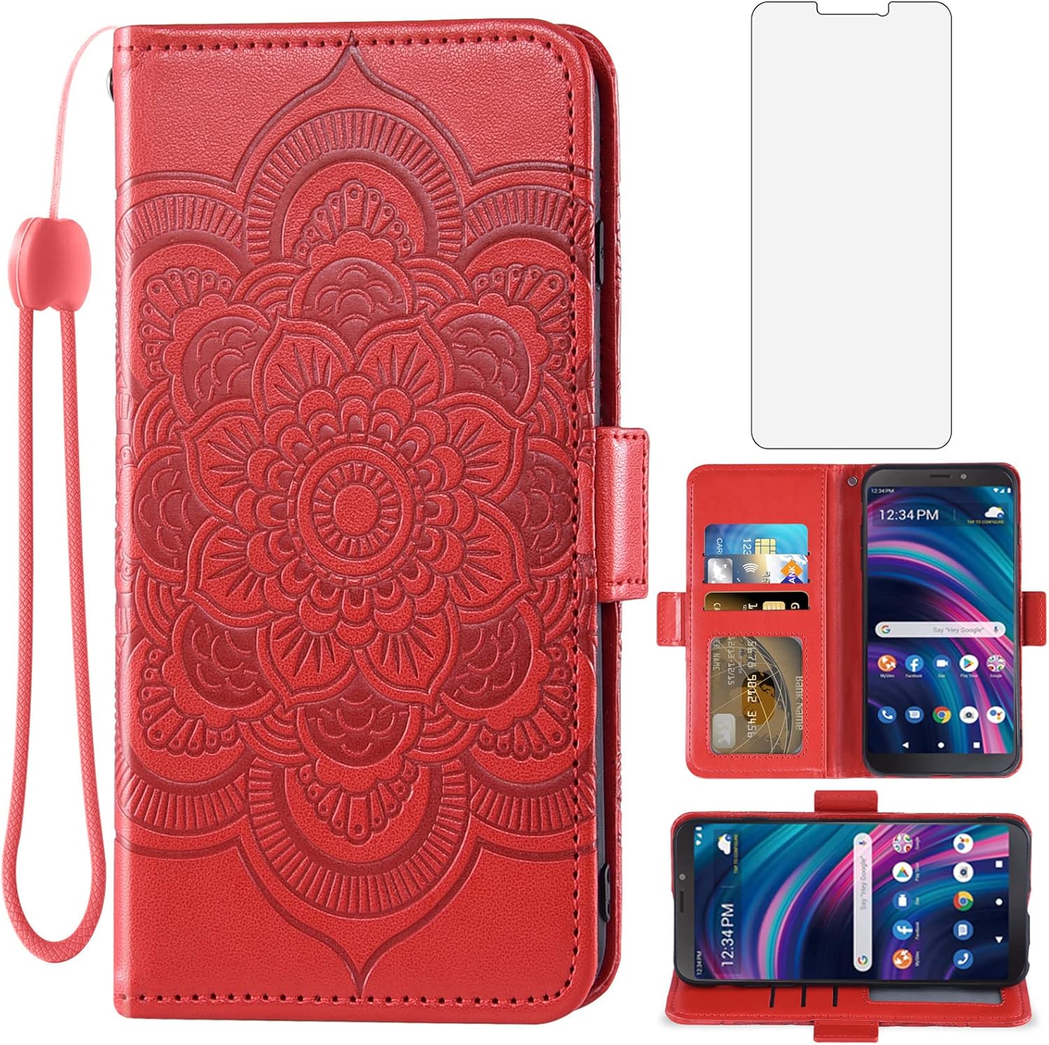 Asuwish Funda para teléfono Tracfone BLU View 3 B140DL con protector de pantalla de vidrio templado y soporte para tarjeta de crédito con soporte