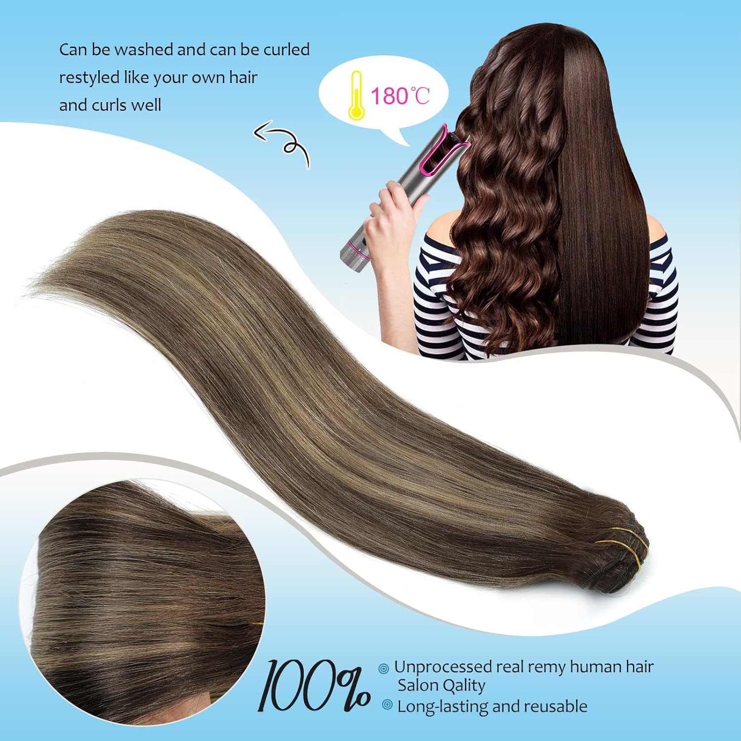 Extensiones de cabello humano real con pinzas, balayage, color marrón chocolate a rubio sucio, mezcla de marrón, 14 pulgadas, 3.53 oz, 10 unidades