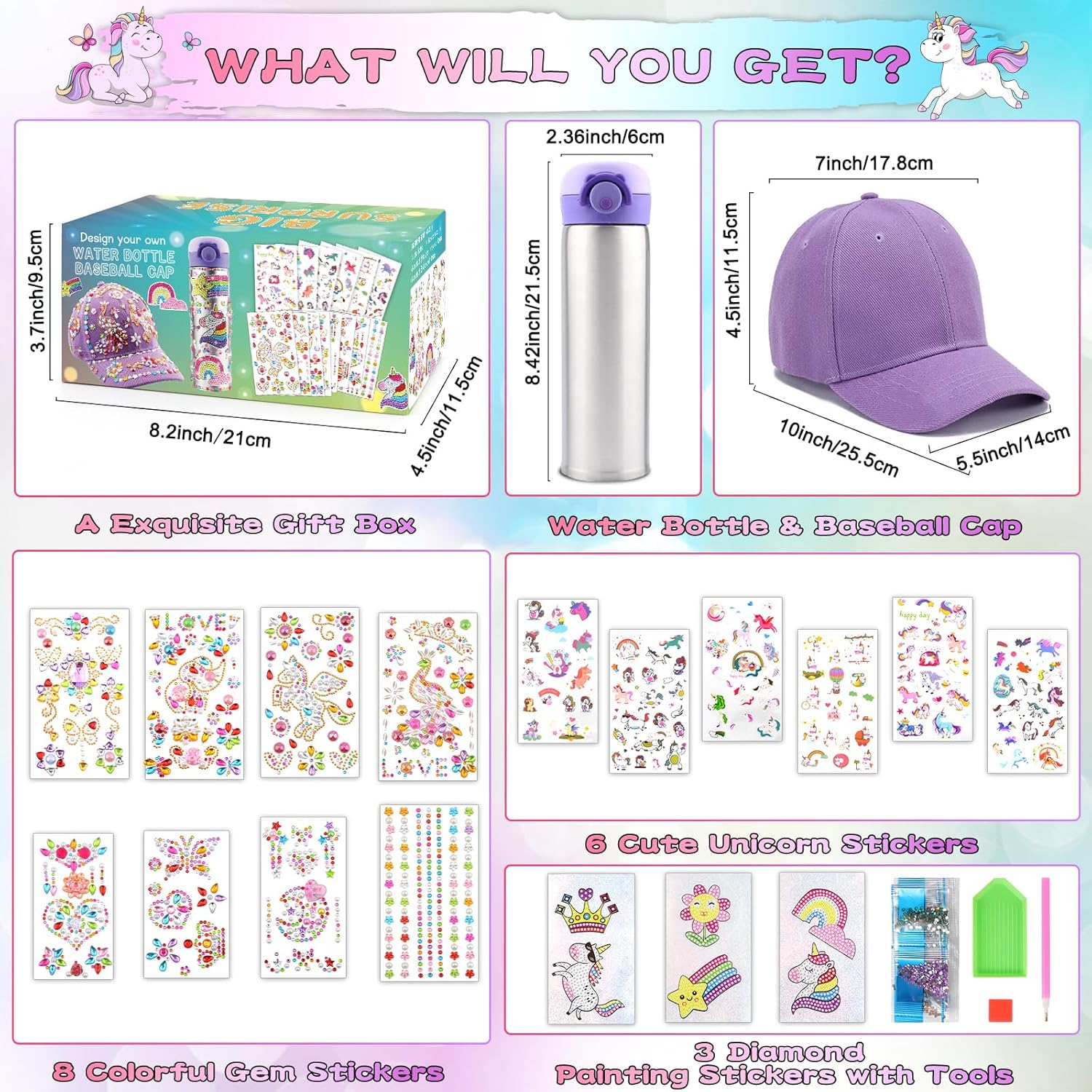 Regalos de manualidades para niñas y niños de 6 a 12 años, decora tu propia botella de agua de 17 onzas, gorra de béisbol con 17 hojas de gemas de
