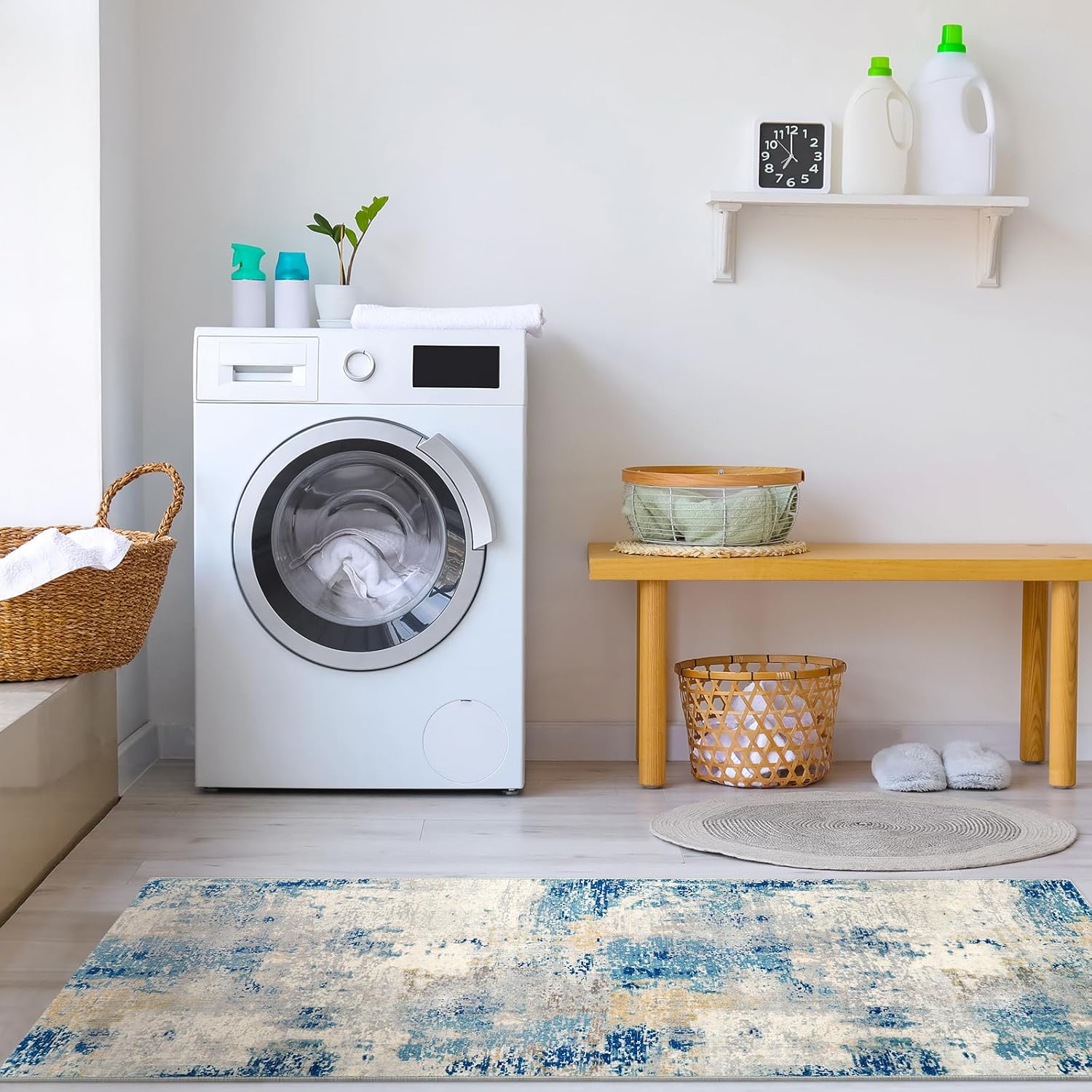 Alfombra de baño lavable azul moderna, alfombra antideslizante de 2 x 5 pies, tapete para cuarto de servicio, tapete envejecido, suave, esponjoso,