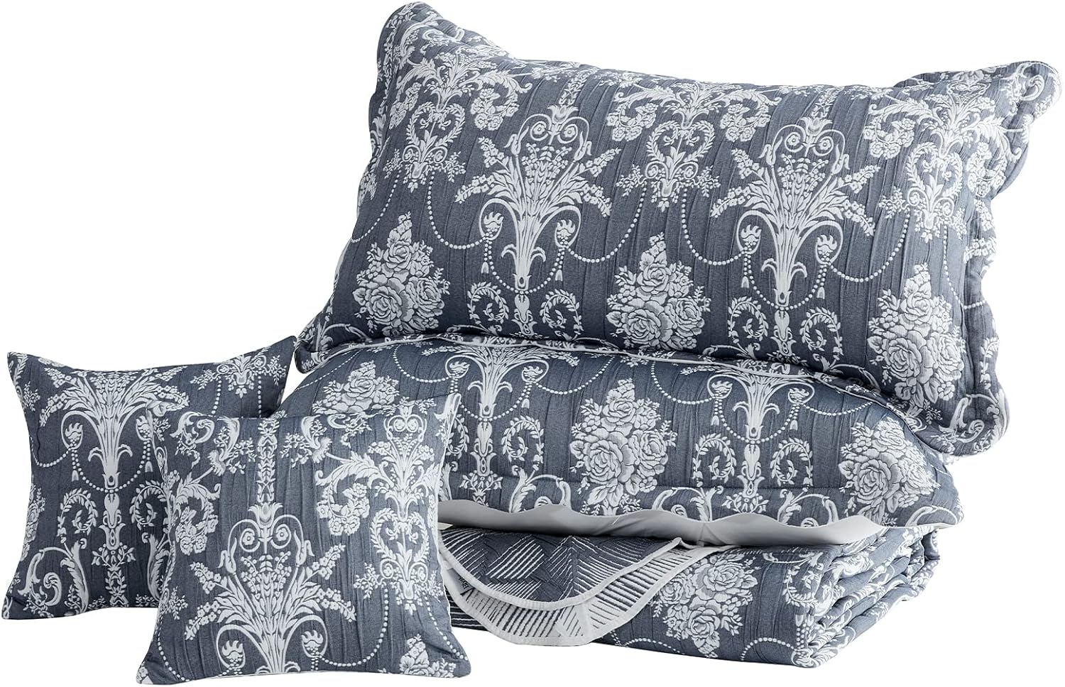 Colcha extragrande tamaño King, color azul, 138 x 122 pulgadas, extra ancha, diseño de damasco jacquard matelasse, ligera, reversible, 5 piezas,