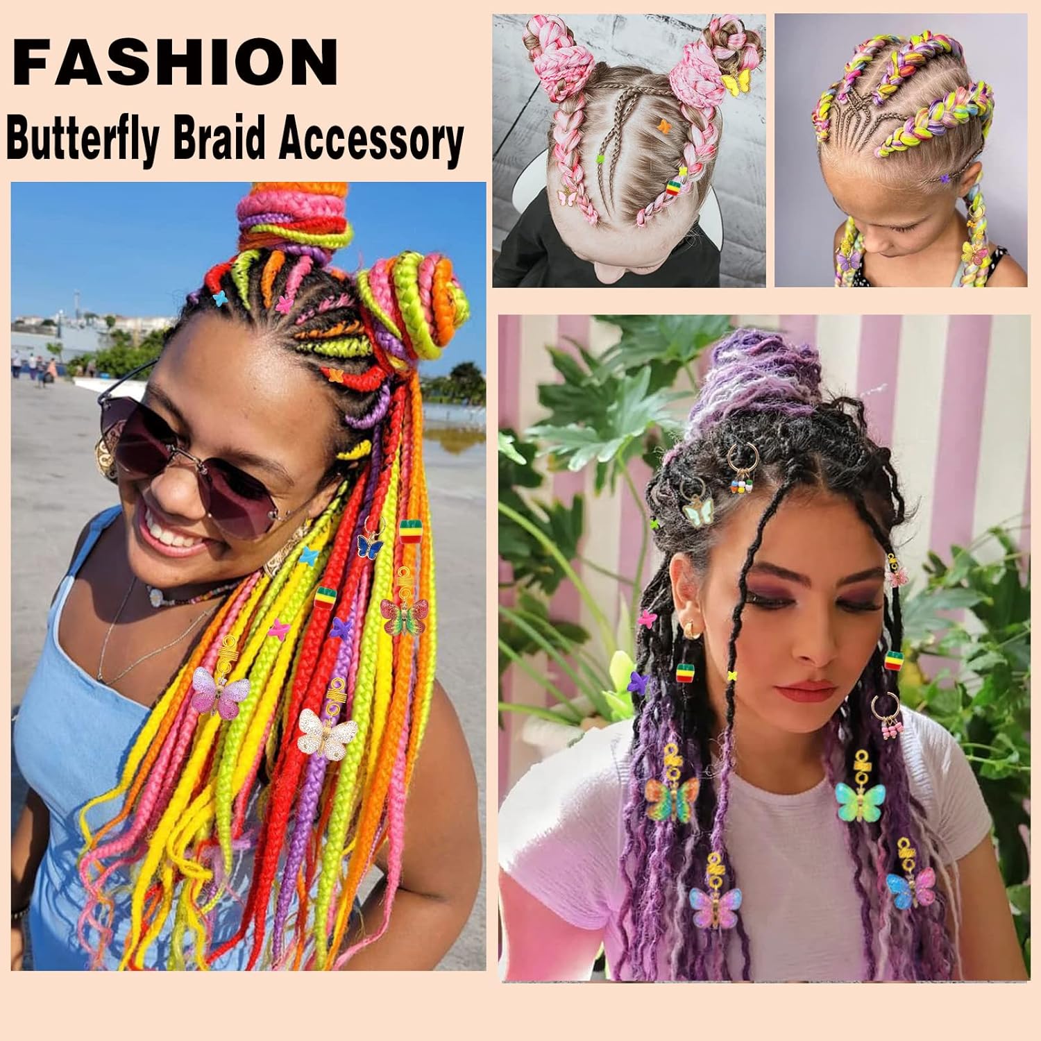 NAISKA 138 piezas de accesorios para rastas de cabello trenzadas de mariposa dorada con cuentas de colores, dijes y colgantes para trenzas, bobinas
