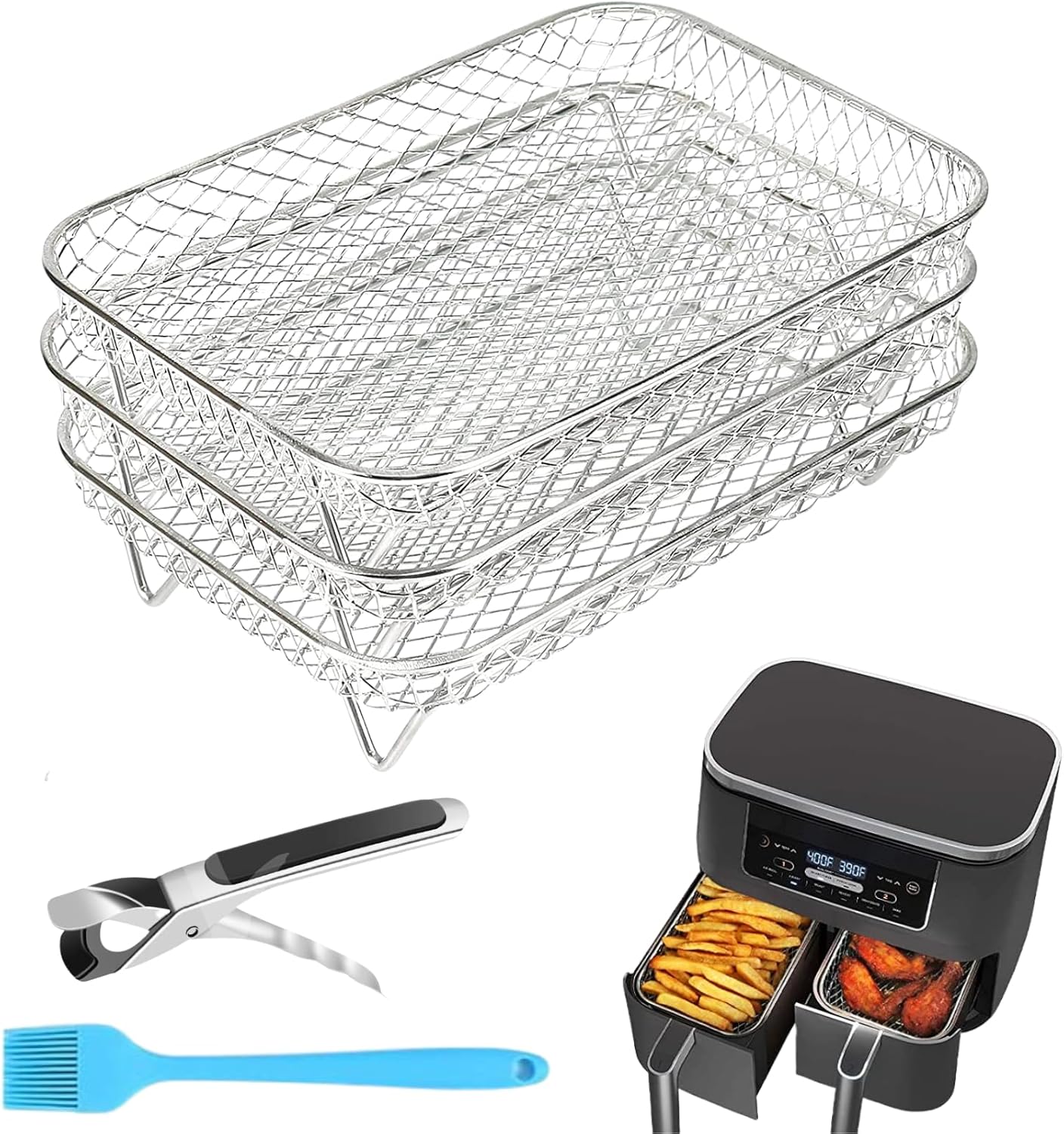 Accesorios para freidora de aire  Tres estantes apilables para freidora de aire doble Ninja, estante deshidratador rectangular de acero inoxidable