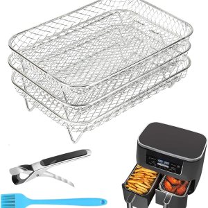 Accesorios para freidora de aire Tres estantes apilables para freidora de aire doble Ninja, estante deshidratador rectangular de acero inoxidable Accesorios para freidora de aire Tres estantes apilables para freidora de aire doble Ninja, estante deshidratador rectangular de acero inoxidable