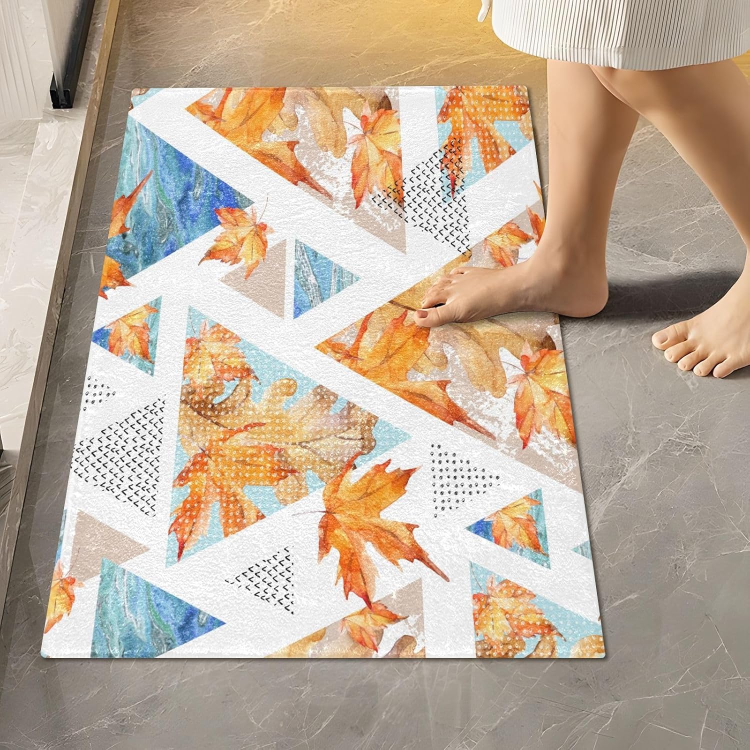 Bathroom Rugs Sets 2 Piece 24×16+24×20 Inch,Soft U-Shaped Contour Toilet Rug Abstract Autumn Geometric Non-Slip Absorbent Bath Floor Mat Carpet Set