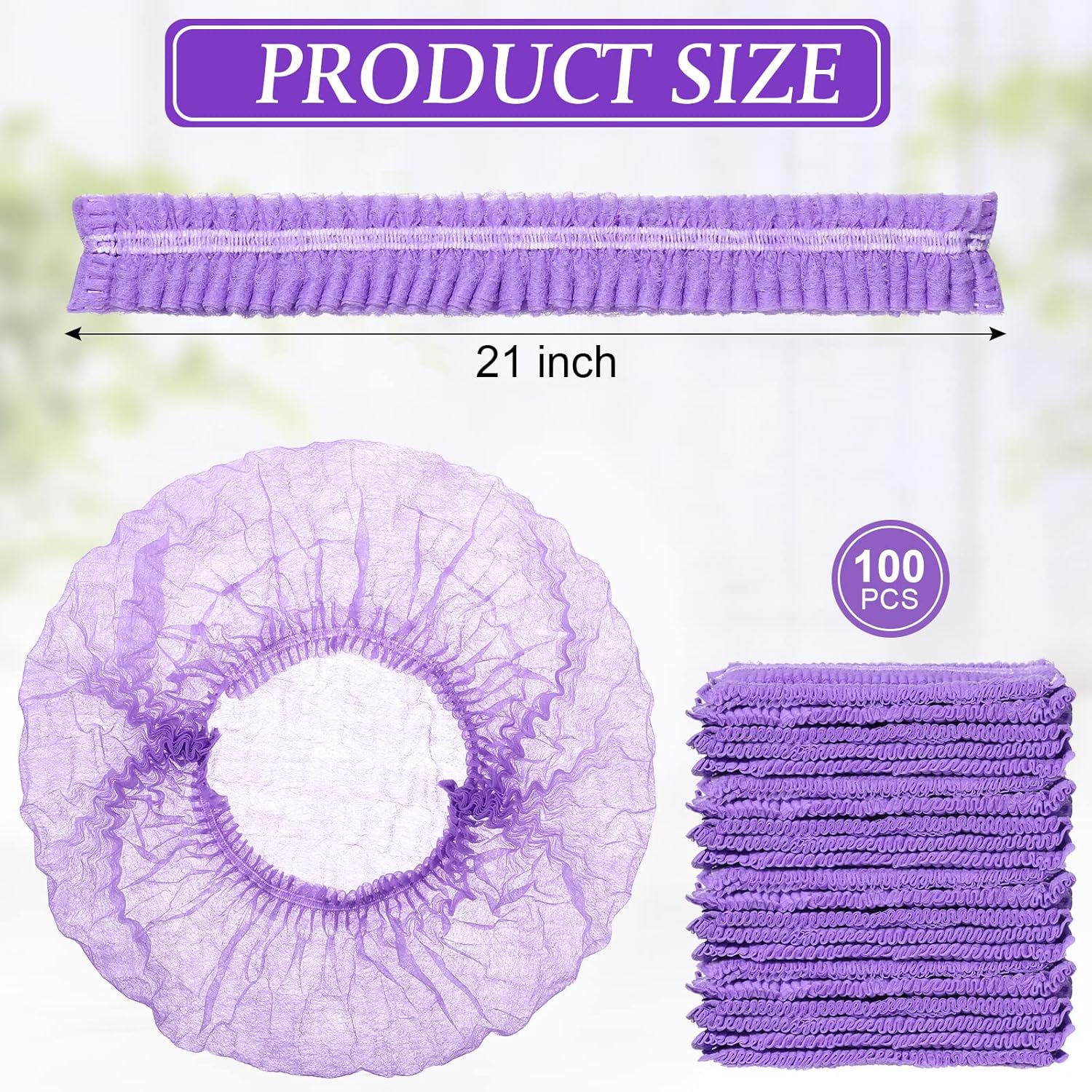 100 gorras para el cabello de 21 pulgadas, no tejidas, red elástica, para cubrir el cabello, sombreros para cosméticos, salón de belleza (morado)