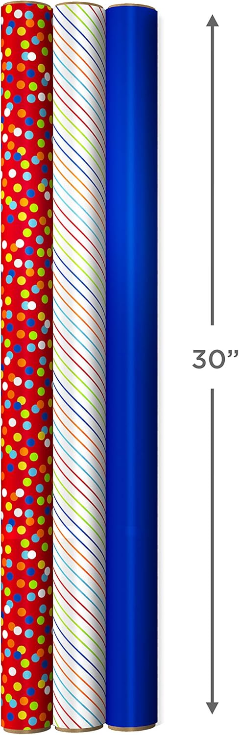 Hallmark Papel de regalo de cumpleaños con plantillas para lazos hechos a mano en el reverso (paquete de 3 75 pies cuadrados ttl) azul real, rayas