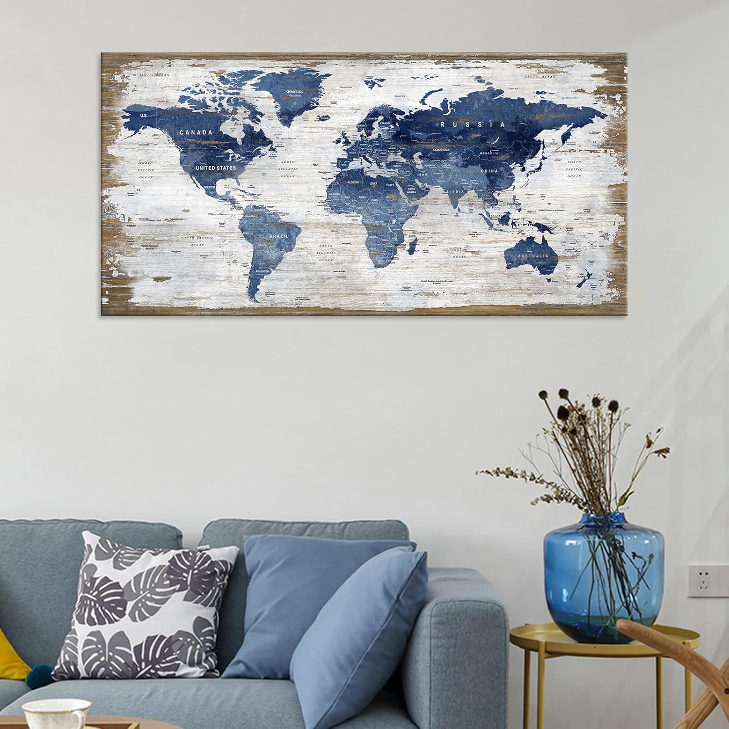 Lienzo grande con mapa del mundo vintage, arte para la pared, diseño de mapa azul oscuro del mundo, imágenes de mapas retro, impresiones artísticas