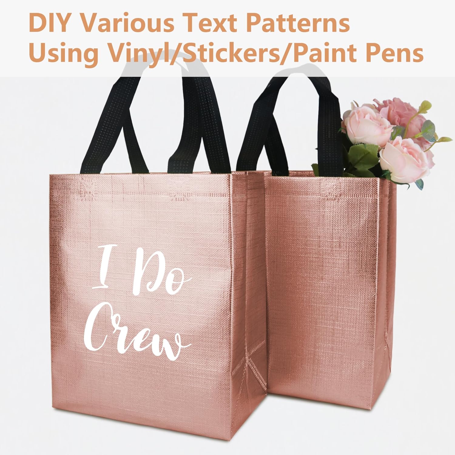 Paquete de 12 bolsas de regalo medianas de color oro rosa, bolsas de regalo reutilizables con asas, resistentes, brillantes, metálicas, no tejidas,