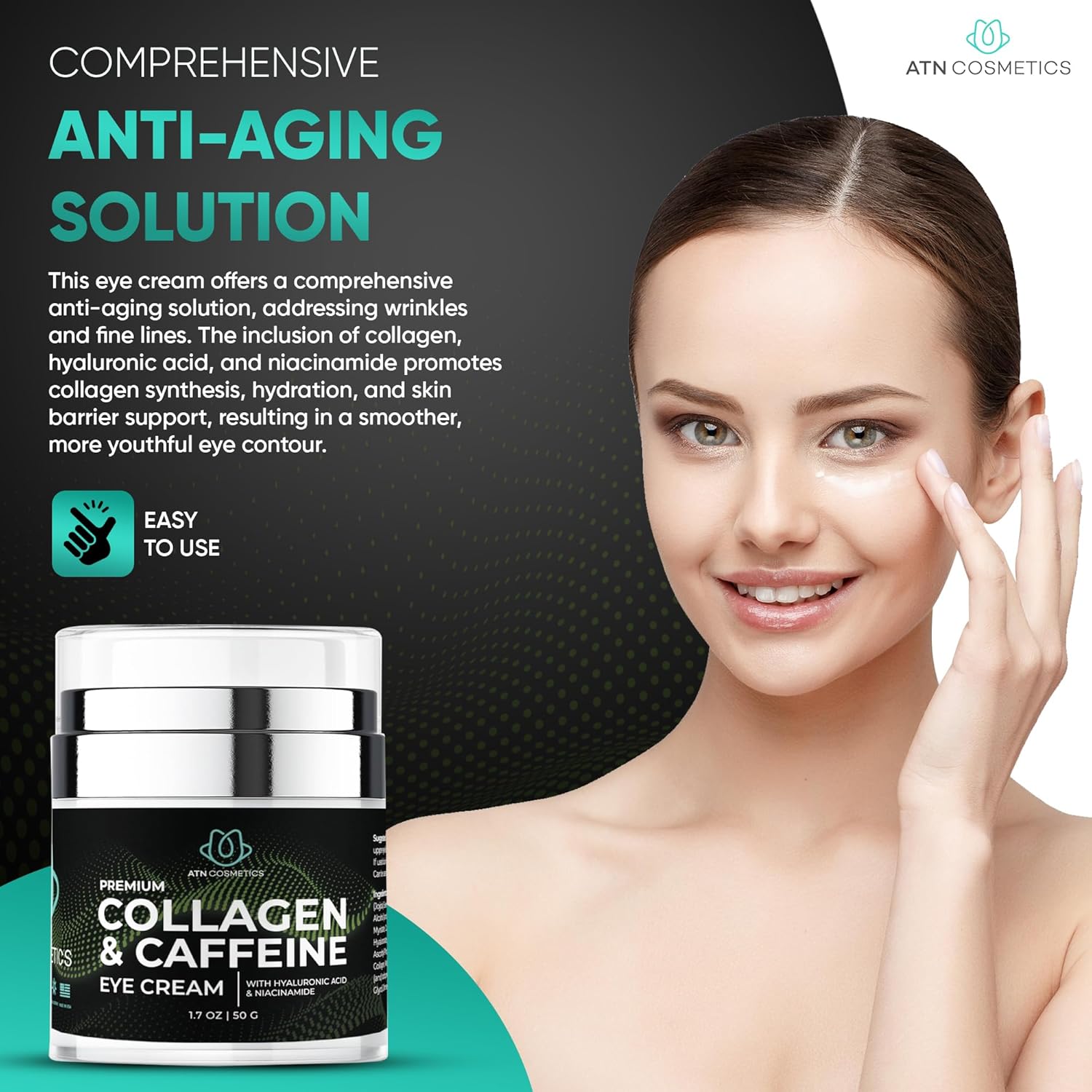 ATN Cosmetics Crema de ojos de colágeno y cafeína para todo tipo de pieles, crema de ojos para ojeras, arrugas e hinchazón, infundida con ácido