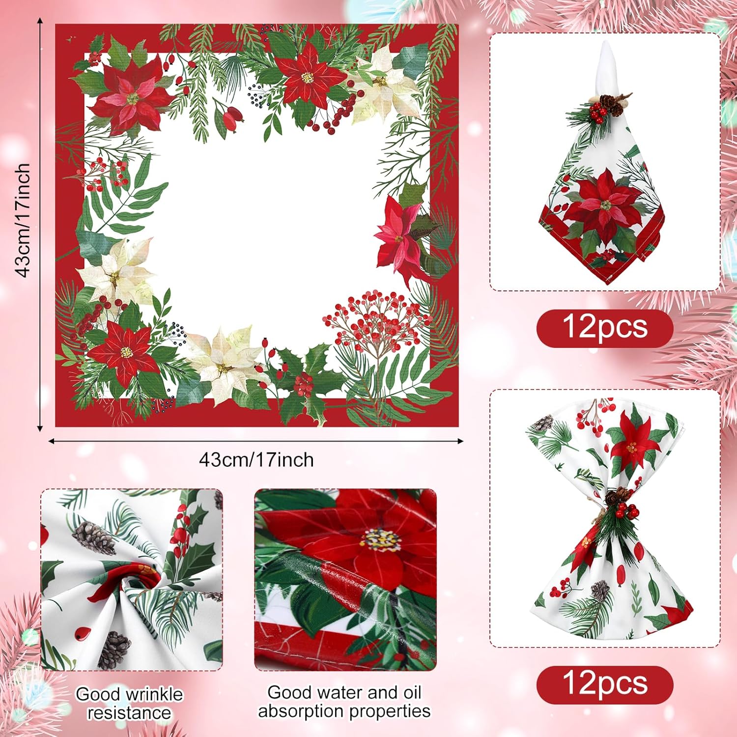 Nitial 24 servilletas de tela de Navidad, servilletas de tela floral de Pascua de Navidad, lavables de color navideño, para cocina, decoración de